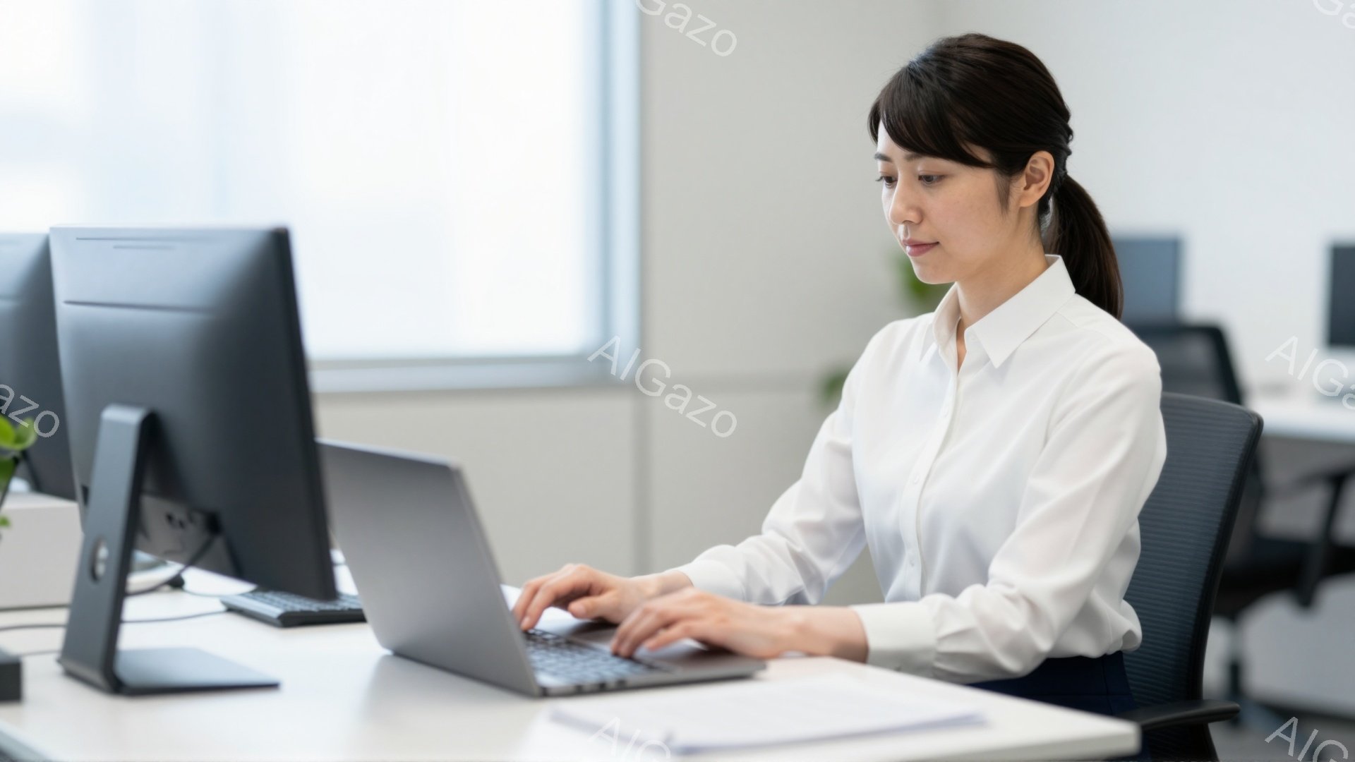 白いブラウスと紺色のスカートを着用した女性が、パソコンのキーボードを操作している。彼女は髪を後ろで束ね、集中した表情でタイピングしており、姿勢は背筋が伸びており、オフィスワークに従事している様子が窺える。背景には、他のパソコンとオフィス家具が見え、全体的に清潔感があり、静かで落ち着いた雰囲気が漂っている。