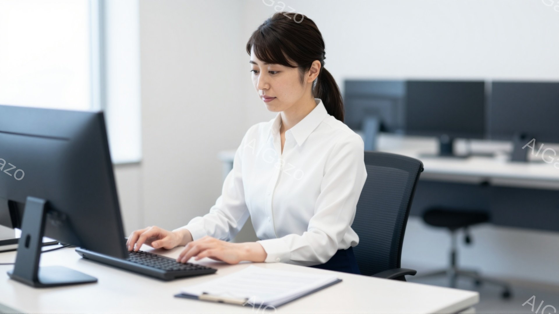 白いブラウスと紺色のボトムスを着用した女性が、オフィスでパソコンに向かってタイピングしている。彼女は髪を後ろでまとめており、集中した表情でキーボードを見つめている。背景には他のデスクとオフィスチェアが見え、清潔でモダンなオフィス環境が伺える。