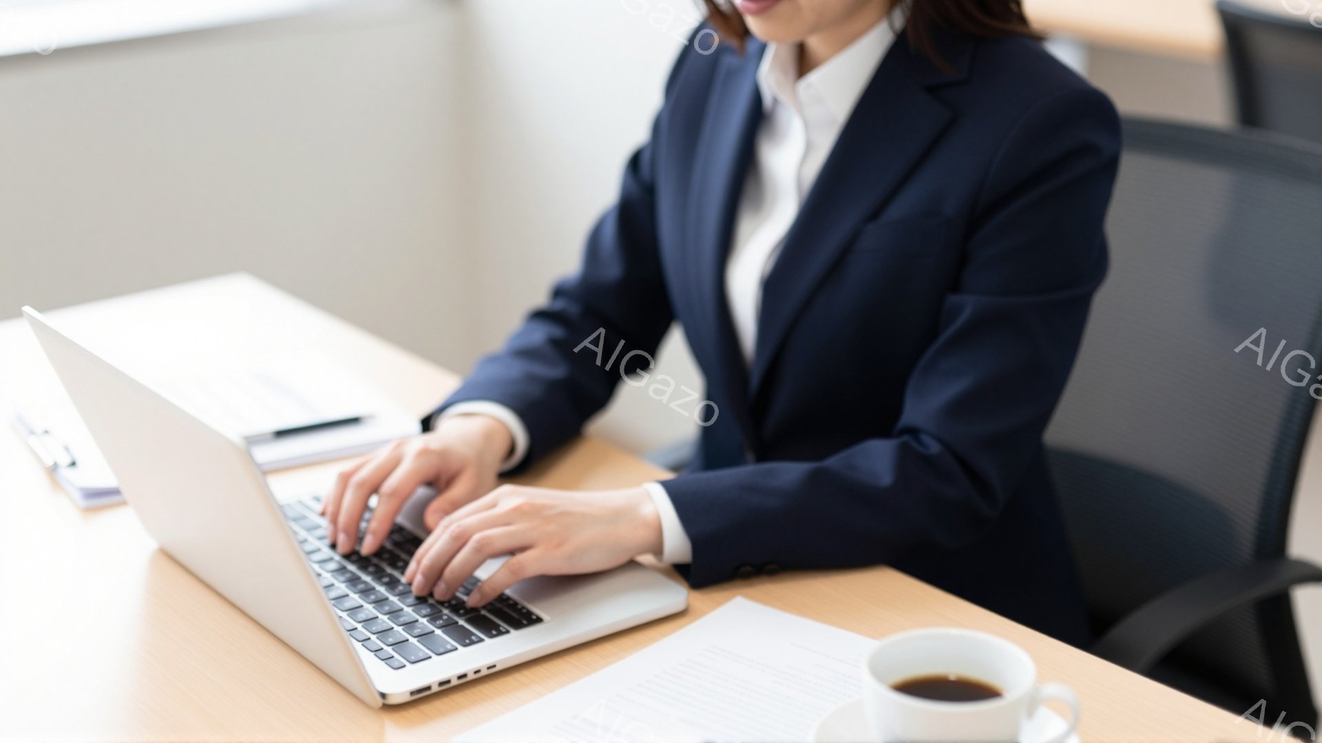 黒いスーツに白いシャツを着た女性が、ノートパソコンのキーボードを操作している様子が写っている。彼女は前かがみになり、集中してタイピングしている姿勢で、机の上には書類とコーヒーカップが置かれている。背景 - AI生成フリー素材