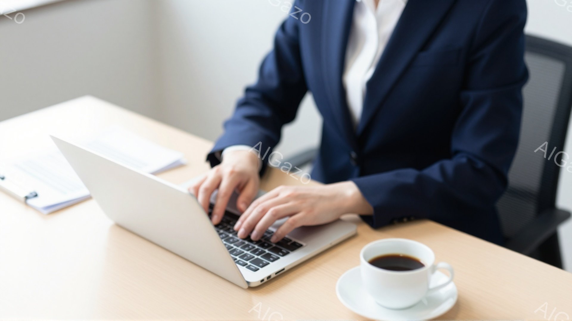 紺色のスーツを着た人が、明るい木製の机の上でノートパソコンのキーボードを打っています。机の右側には、ソーサーに乗ったコーヒーカップがあり、左側には書類が置かれています。全体的に、仕事に集中しているプロフェッショナルな雰囲気を感じさせます。