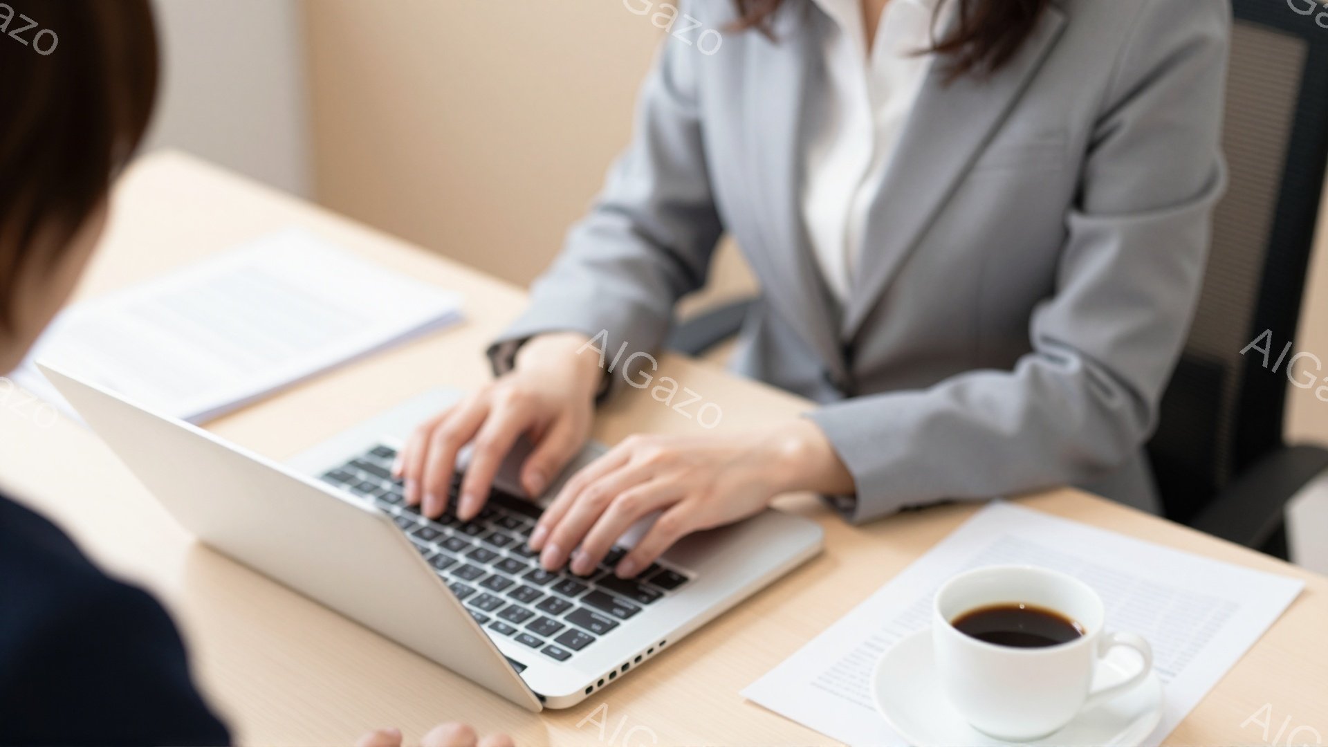 灰色のスーツを着た女性がノートパソコンを操作している場面だ。彼女はキーボードに向かって集中し、真剣な表情をしているように見える。背景には書類やコーヒーカップがあり、オフィスや会議室のような、落ち着いた雰囲気の室内であることがわかる。
