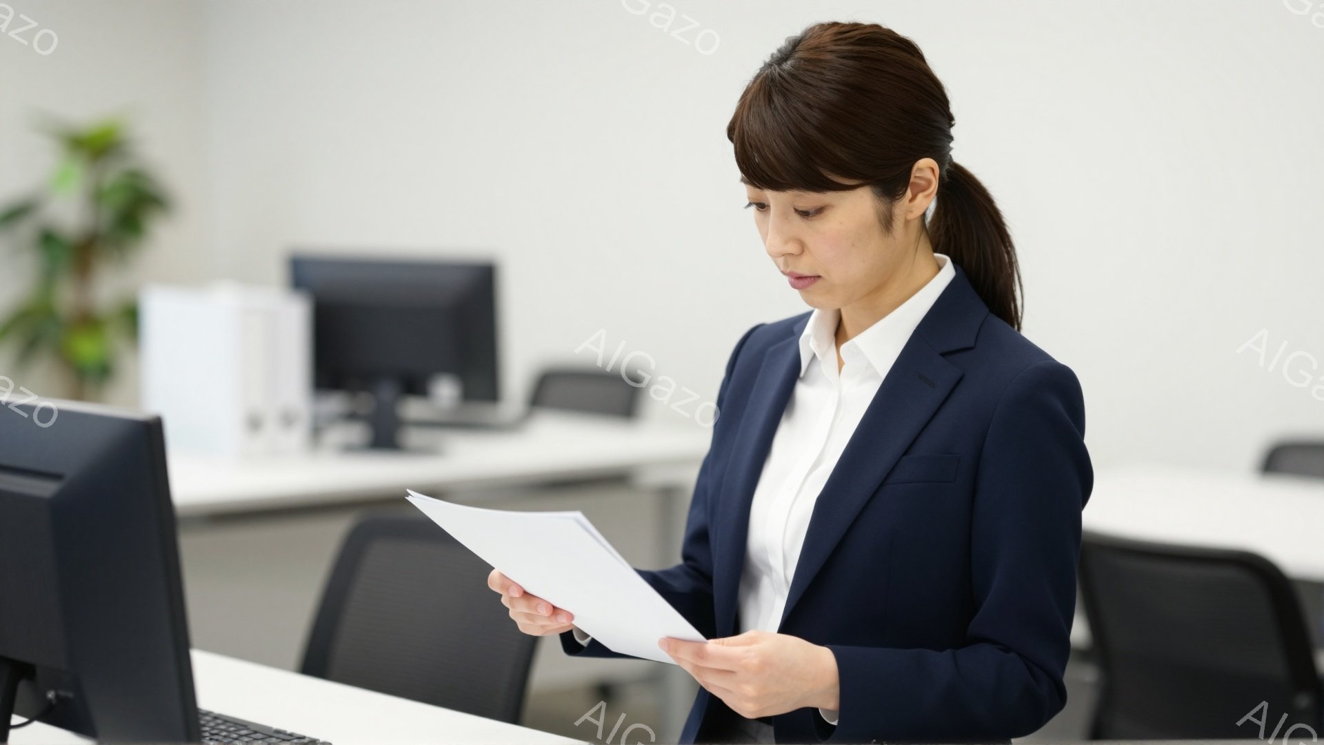 明るいオフィスで、紺色のスーツに白いシャツを着た女性が書類を手に持っている。彼女は前かがみの姿勢で書類を注意深く見ており、真剣な表情をしている。背景には、他のデスクと椅子、そして観葉植物が見え、全体的 - AI生成フリー素材