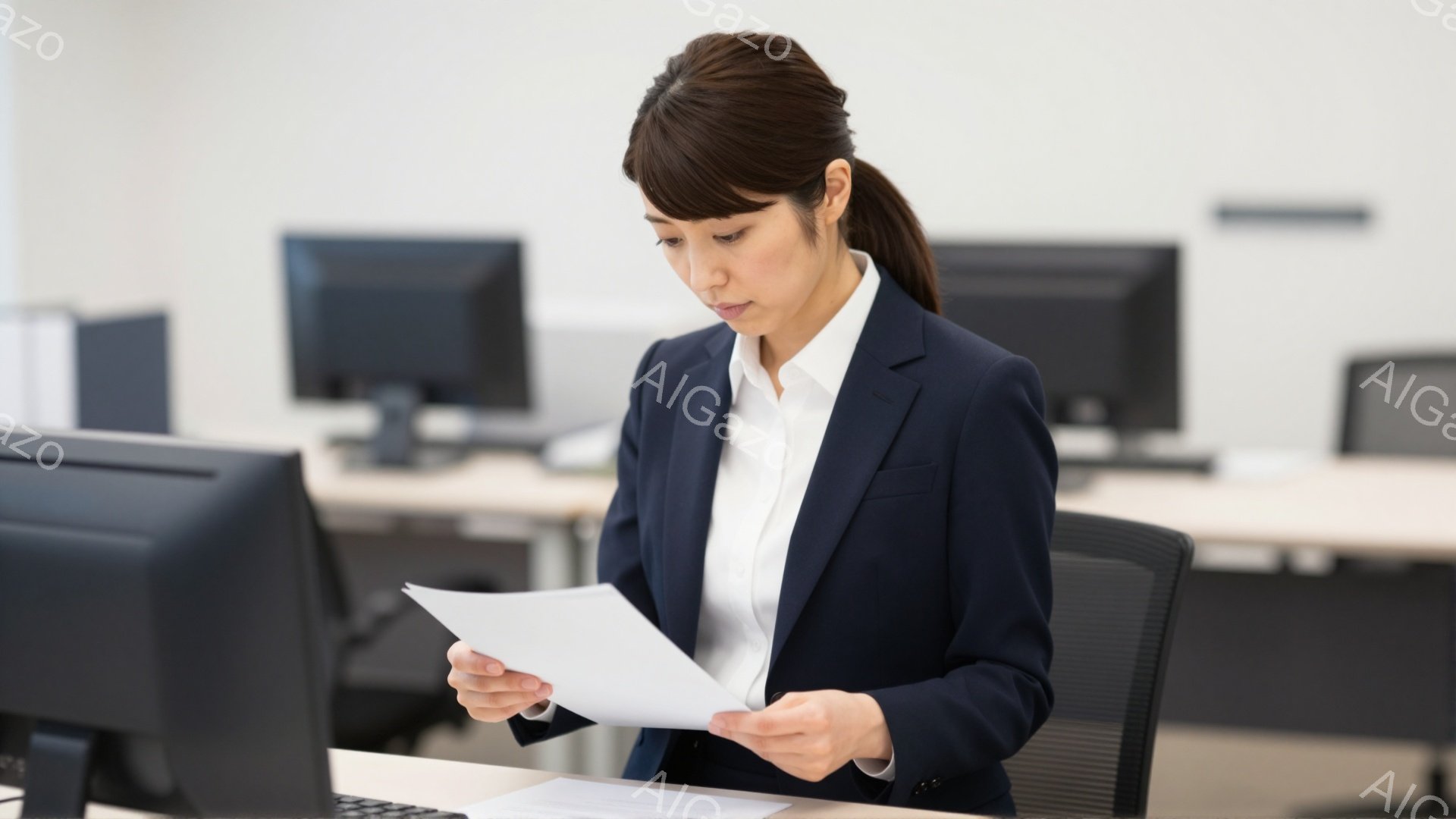 黒いスーツに白いシャツを着た女性が、書類を手に持っています。彼女は真剣な表情で書類を読み、少し前かがみの姿勢をとっています。背景には、他のコンピューターとシンプルなオフィス環境が見えます。