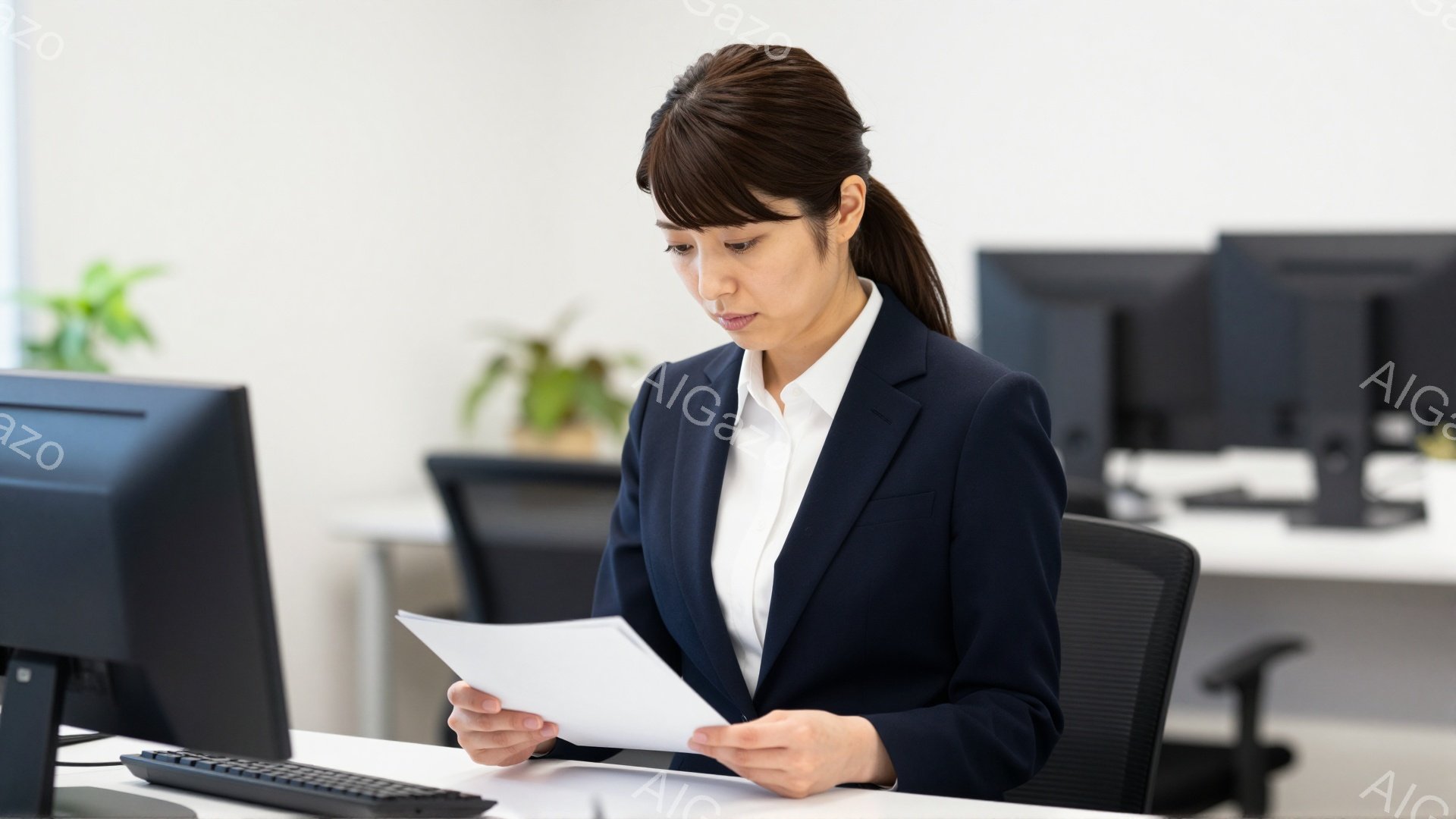 オフィスで働く女性が、書類を手に持って注意深く読んでいる様子が写っている。紺色のスーツに白いシャツを着ており、髪は後ろで一つにまとめている。背景には、他のデスクや椅子が見え、オフィス環境であることがわかる。