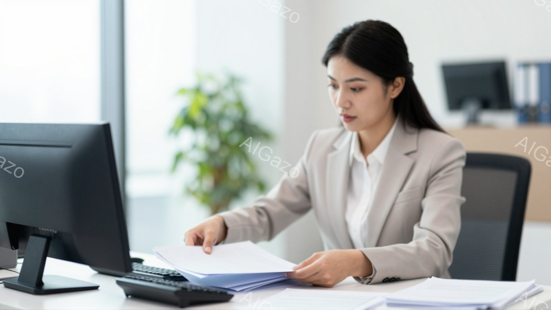 明るいオフィスで、女性が書類を手に取り、確認している様子が写っています。彼女はベージュ色のスーツに白いシャツを着ており、髪は後ろでまとめています。集中した表情で書類を眺めており、真剣な雰囲気です。 - AI生成フリー素材