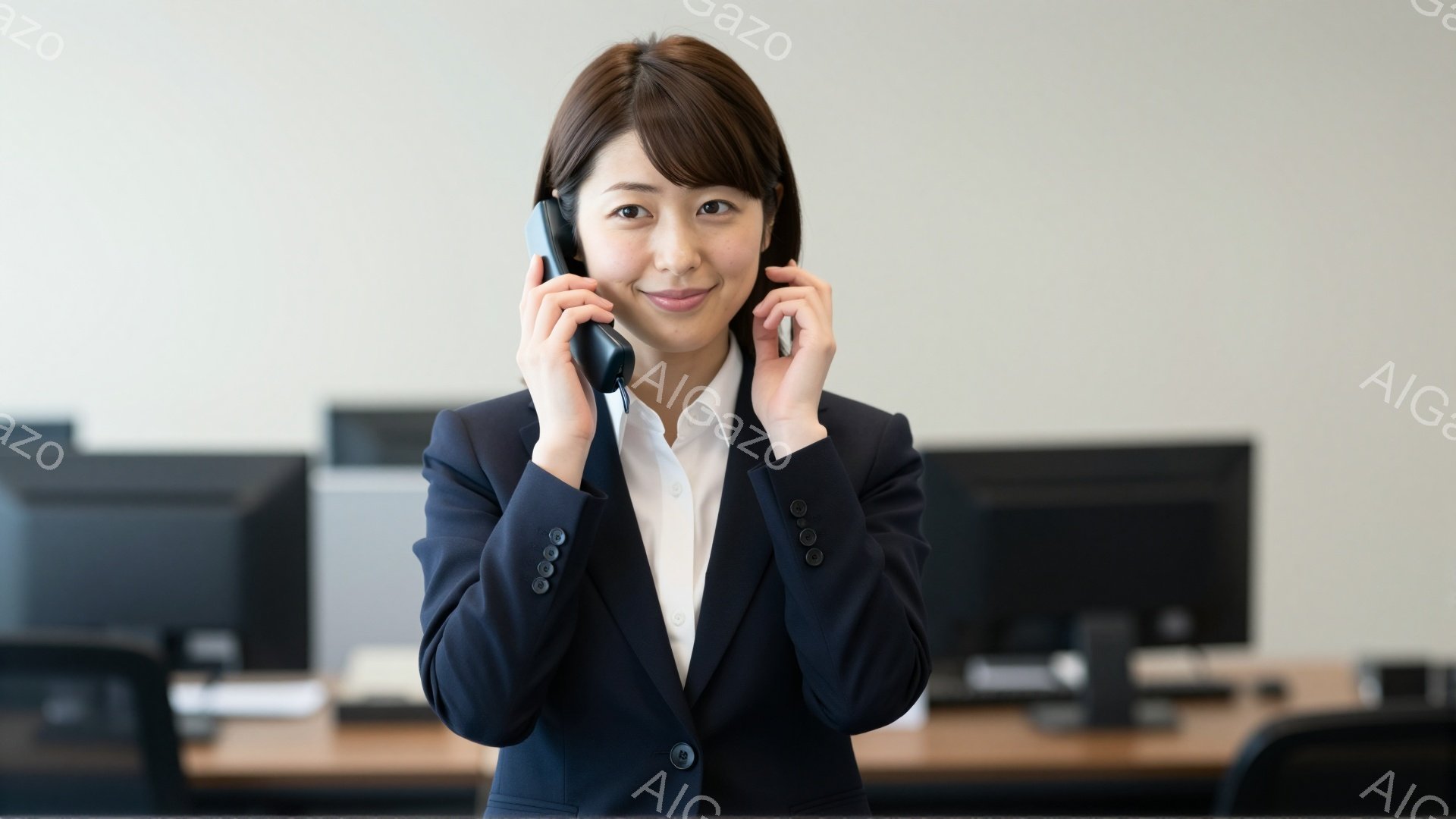 黒いスーツに白いシャツを着た女性が電話で話しています。彼女は微笑んでおり、姿勢は優雅で、オフィスのような背景でコンピューターが並んでいます。全体的に、プロフェッショナルで落ち着いた雰囲気です。