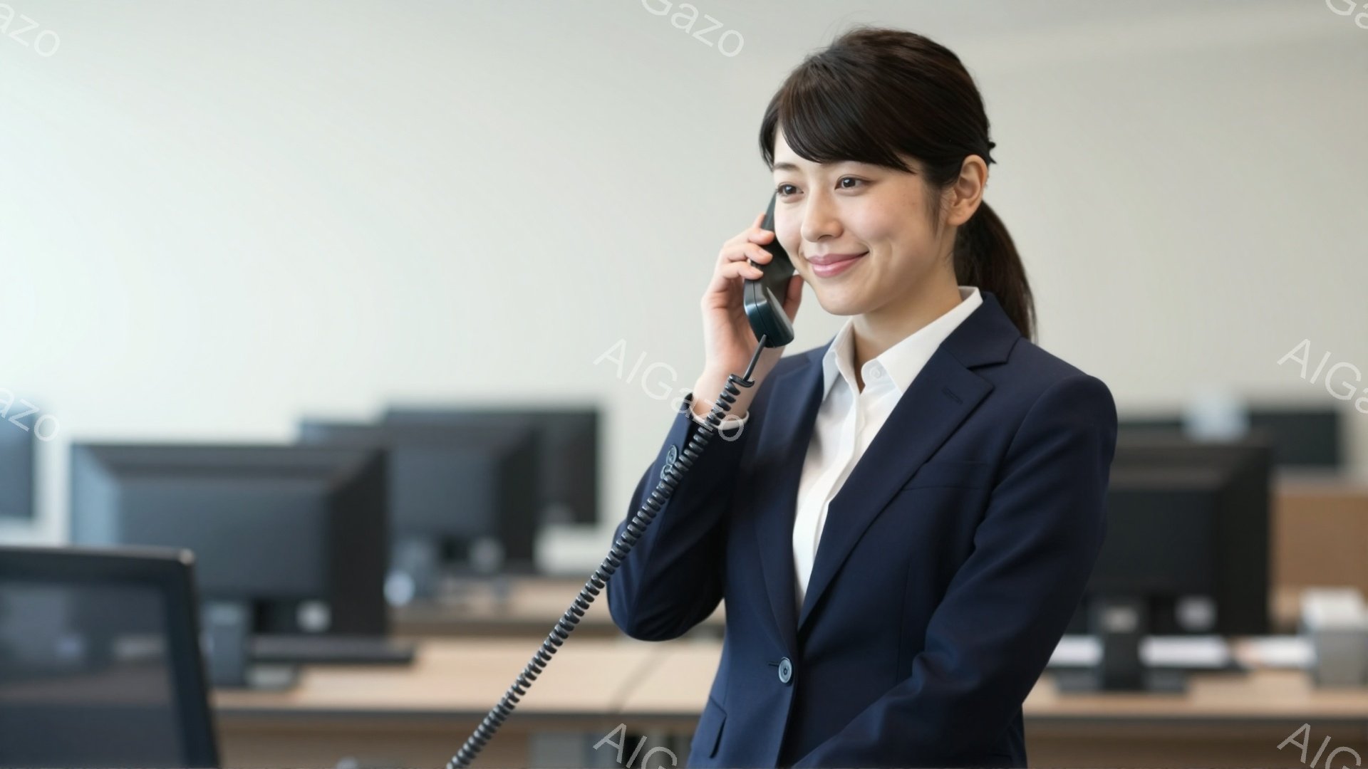 画像には、紺色のスーツを着た女性が映っています。彼女は髪を後ろでまとめ、穏やかな笑顔で電話を受けています。背景には、コンピューターが並んだオフィスらしき空間が広がっており、落ち着いた雰囲気が漂っています。