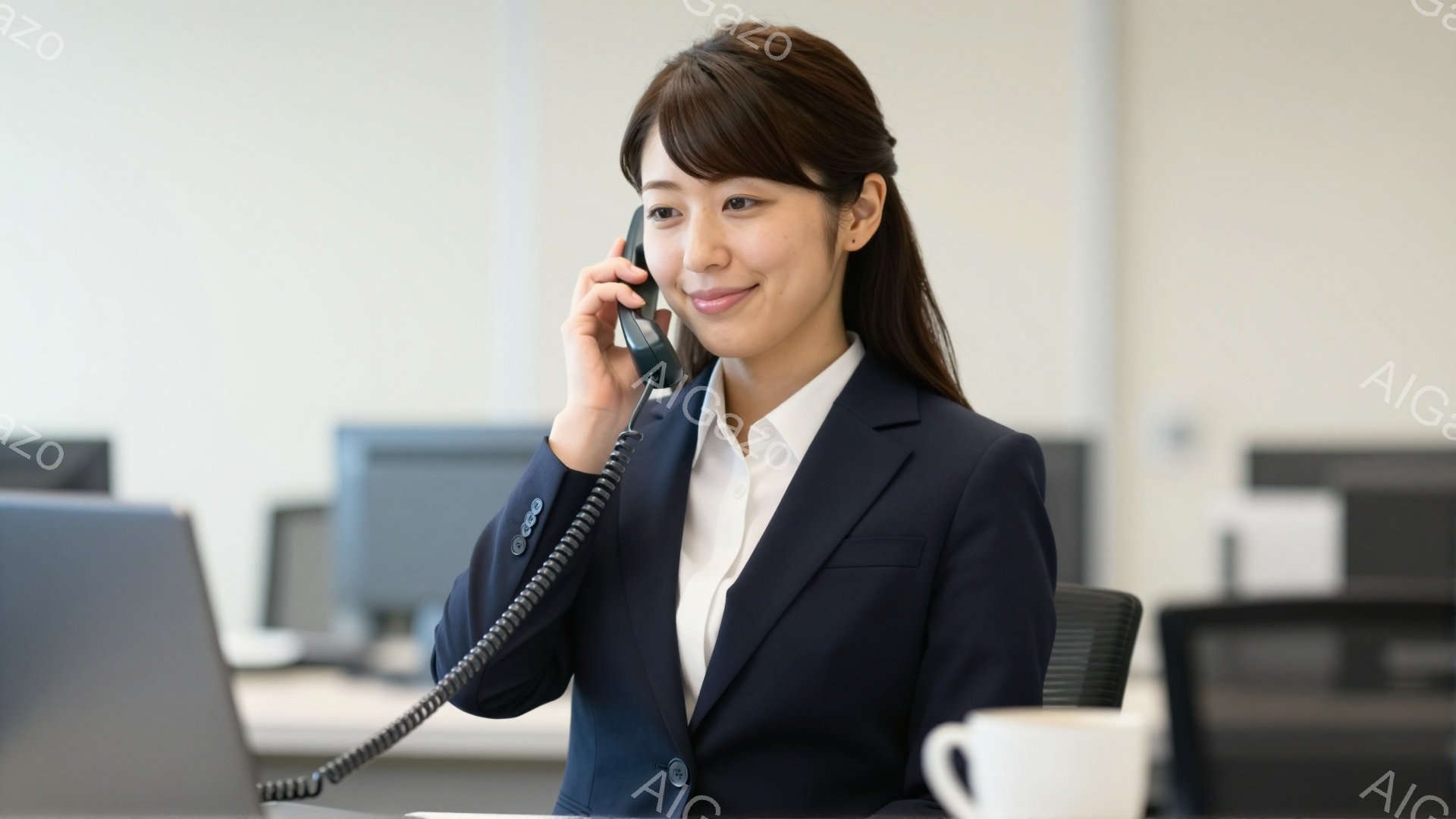 黒いスーツに白いシャツを着た女性が電話をしている。彼女は微笑んでおり、姿勢も良く、プロフェッショナルな印象を与える。背景にはオフィスがあり、コンピューターやマグカップが置かれている。