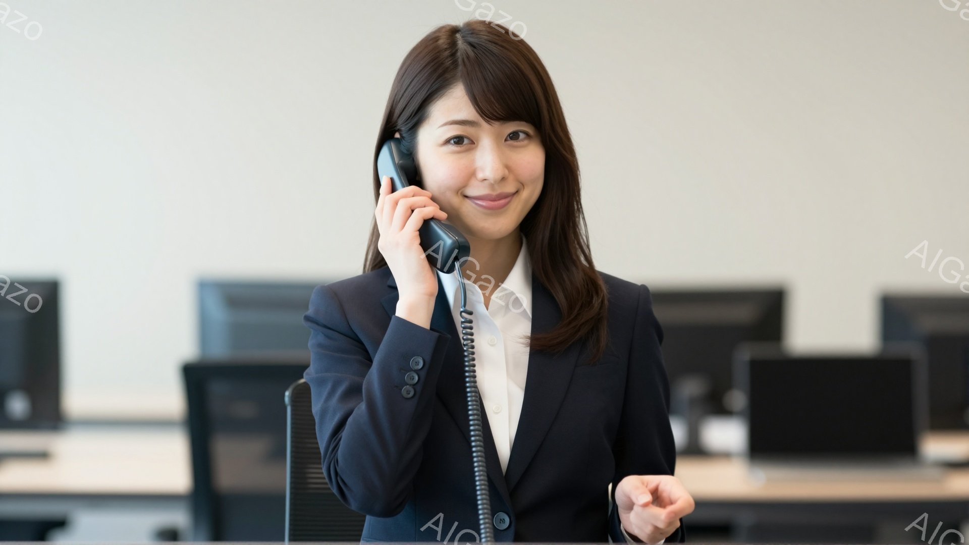 画像には、黒いスーツに白いシャツを着た若い女性が写っています。彼女は電話を受けており、笑顔で少し体を傾けています。背景には、いくつかのコンピューターが並んだオフィスのような空間がぼんやりと見えます。