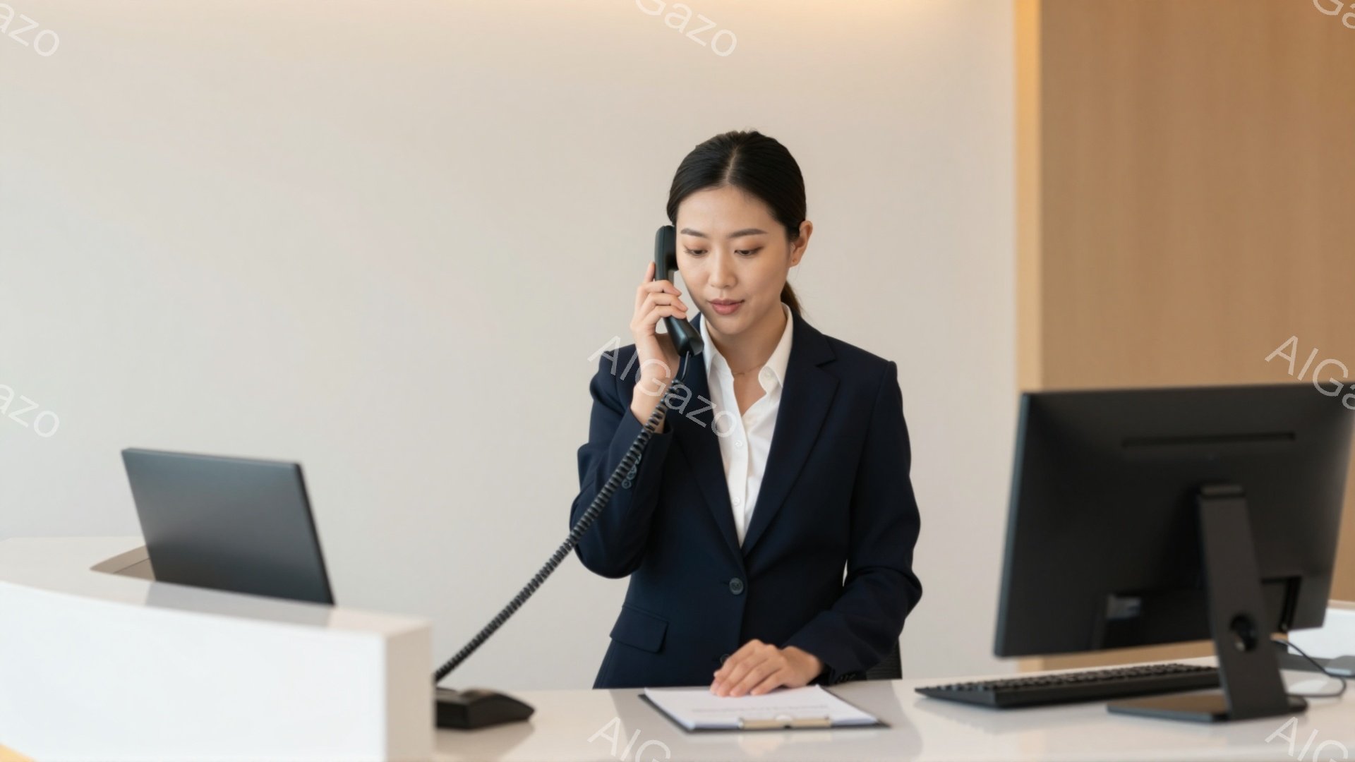 黒いスーツに白いブラウスを着た女性が電話に出ています。彼女は少し微笑んでおり、真剣な表情で何かをメモしています。背景には白い受付カウンターとコンピューターモニターがあり、オフィスやホテルのフロントのような雰囲気です。