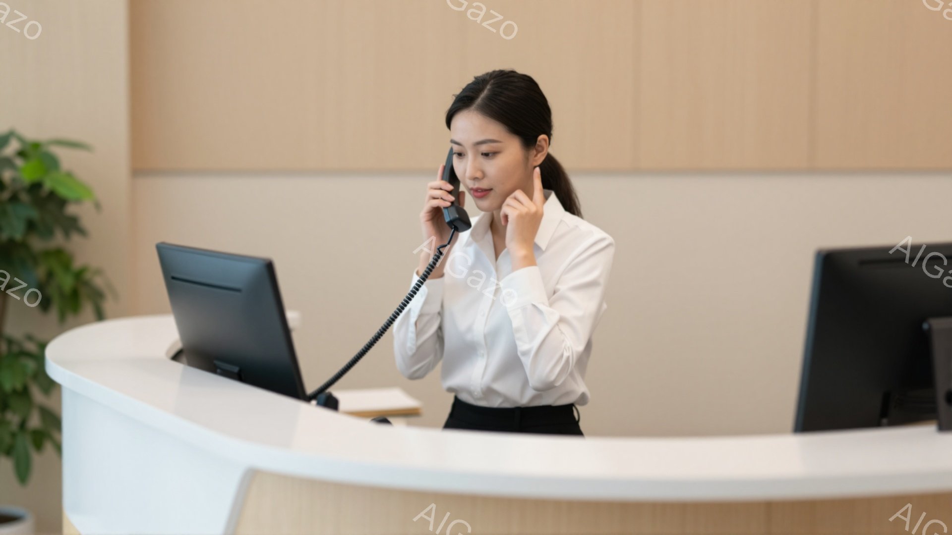 白いブラウスと黒いズボンを身につけた女性が、受付カウンターの前で電話に出ています。彼女は髪を後ろで一つにまとめ、真剣な表情で通話を続けています。背景はベージュ色の壁で、受付カウンターの奥にはパソコンモニターが見え、全体的に落ち着いた雰囲気です。