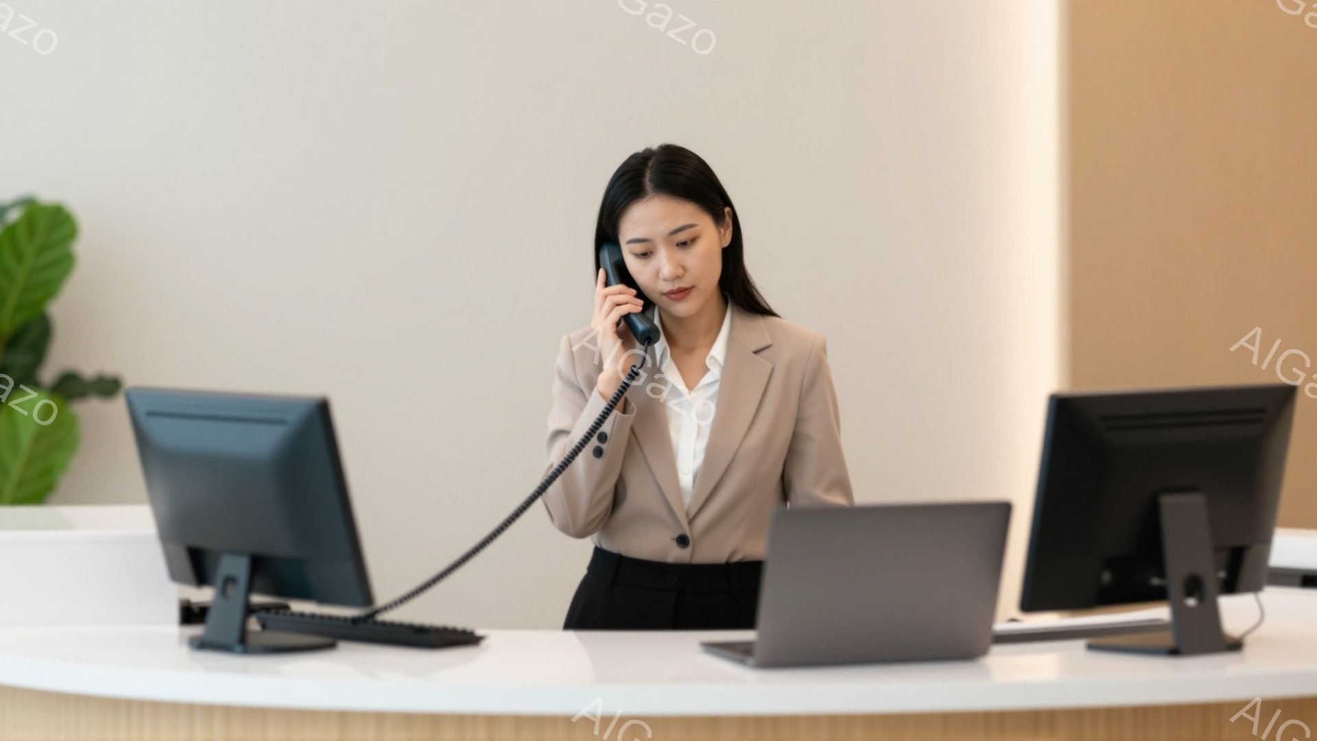 ベージュのスーツジャケットと白いシャツを着た女性が電話に出ています。彼女は黒髪を後ろにまとめ、真剣な表情で電話に向かって話しています。背景にはコンピューターモニターやノートパソコンが置かれた白い受付カウンターがあり、葉っぱの観葉植物がわずかに見えます。