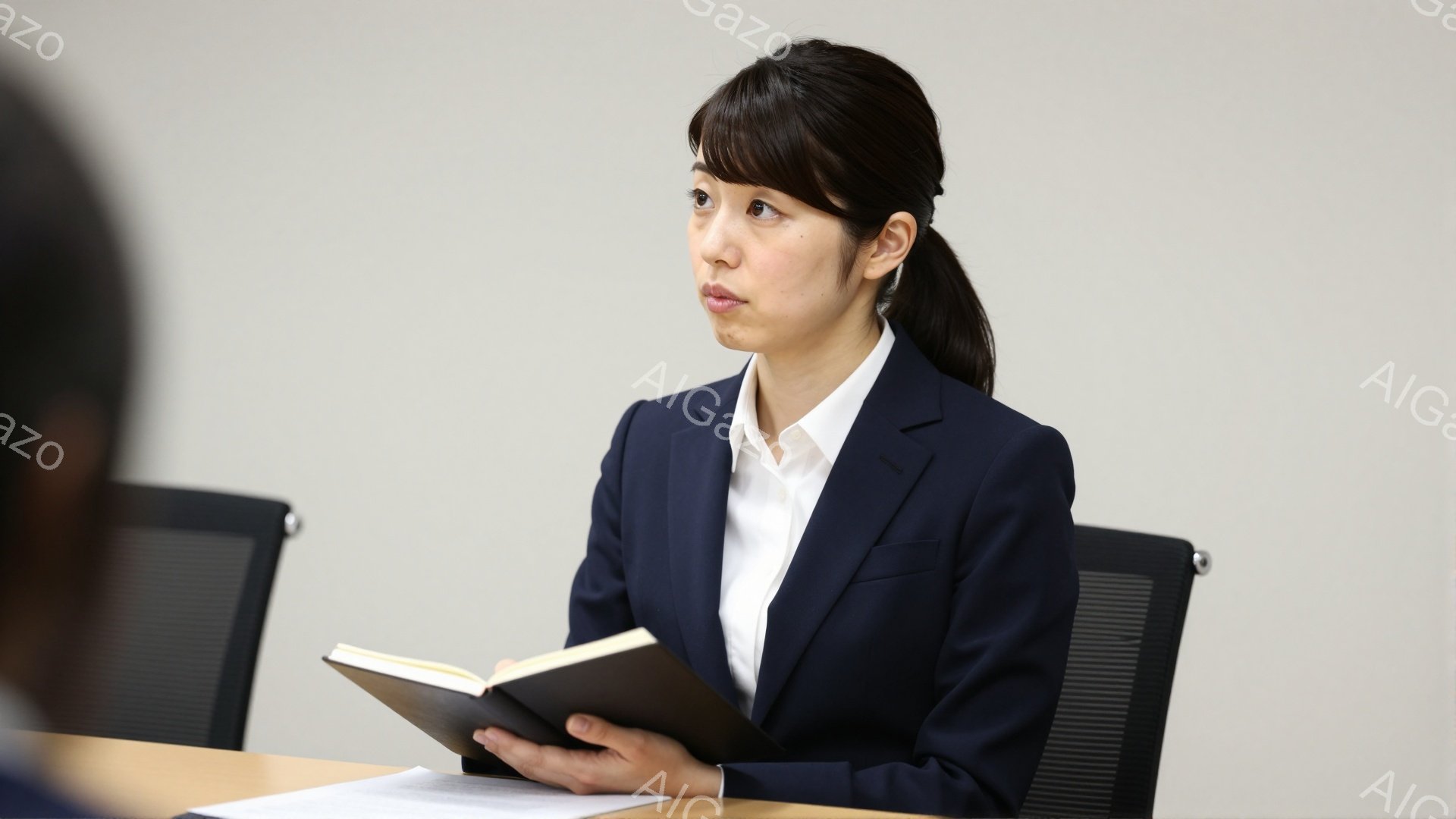 女性は紺色のスーツに白いシャツを着ており、髪は後ろで一つにまとめている。彼女は手で黒いノートのようなものを開き、何かを読みながら、少し考え込んでいるような表情をしている。背景は薄いグレーの壁で、オフィスのような会議室の椅子がわずかに見える、落ち着いた雰囲気の画像である。