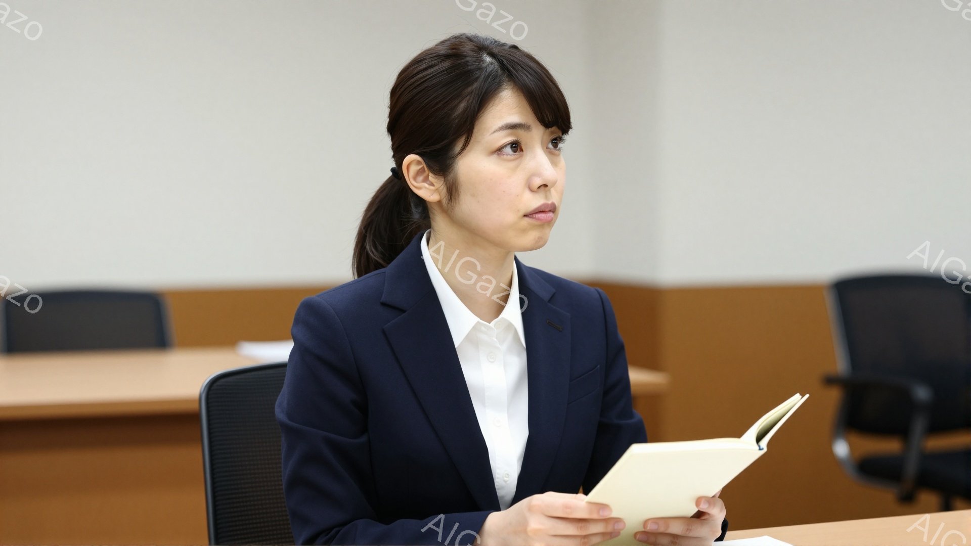画像には、紺色のジャケットと白いシャツを着た女性が写っています。彼女は髪を後ろで一つにまとめ、少し緊張した表情で何か本を見つめています。背景には木製のテーブルと黒い椅子が並び、静かで落ち着いた雰囲気の室内であることがわかります。