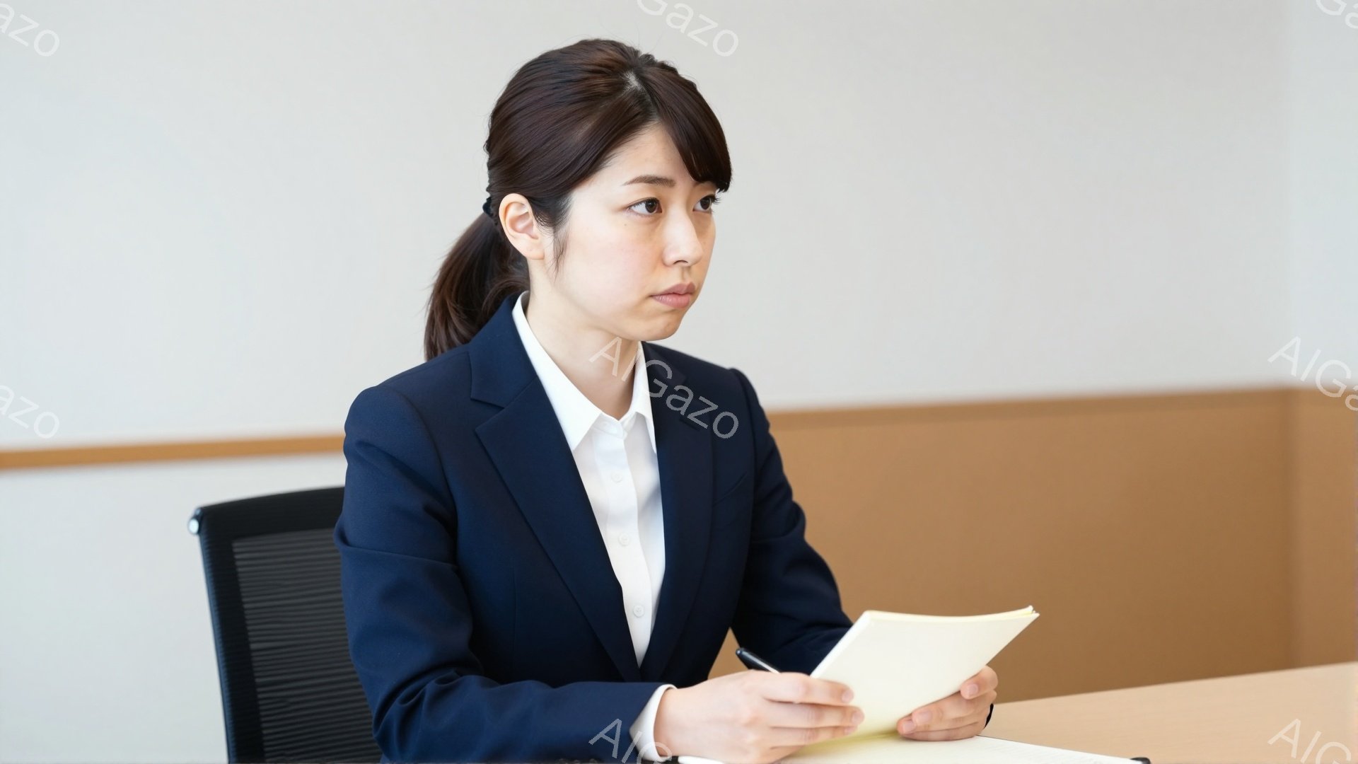 若い女性が紺色のスーツと白いシャツを着て、椅子に座っています。彼女は髪を後ろで一つにまとめ、書類を手に持ち、少し考え込んでいるような表情をしています。背景は明るいベージュ色の壁で、オフィスや会議室のよ - AI生成フリー素材