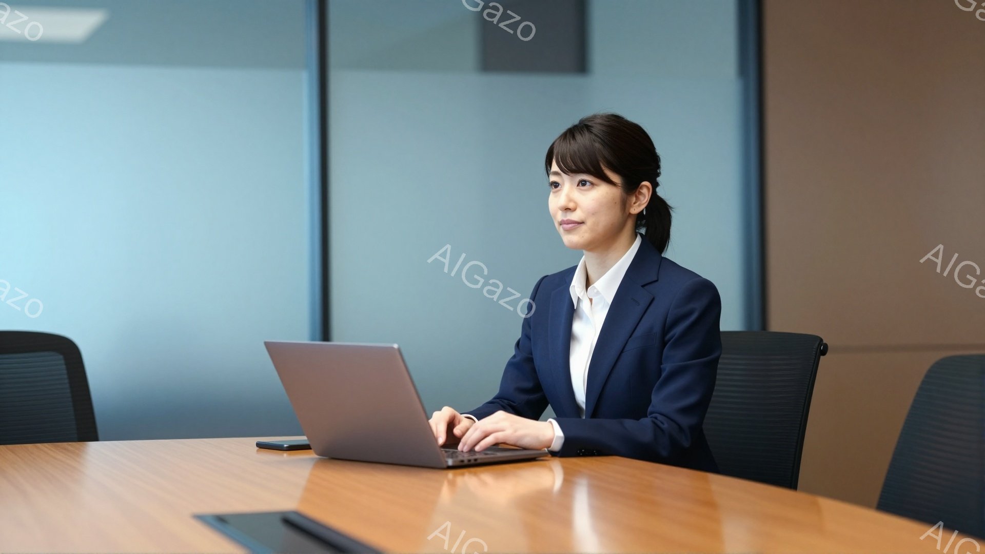スーツを着た女性が、明るい木製のテーブルに置かれたノートパソコンを操作している。彼女は黒髪を後ろでまとめ、やや微笑みを浮かべた表情で、前方に視線を向けている。背景はオフィス内の会議室で、落ち着いた色調で統一されており、集中した雰囲気である。