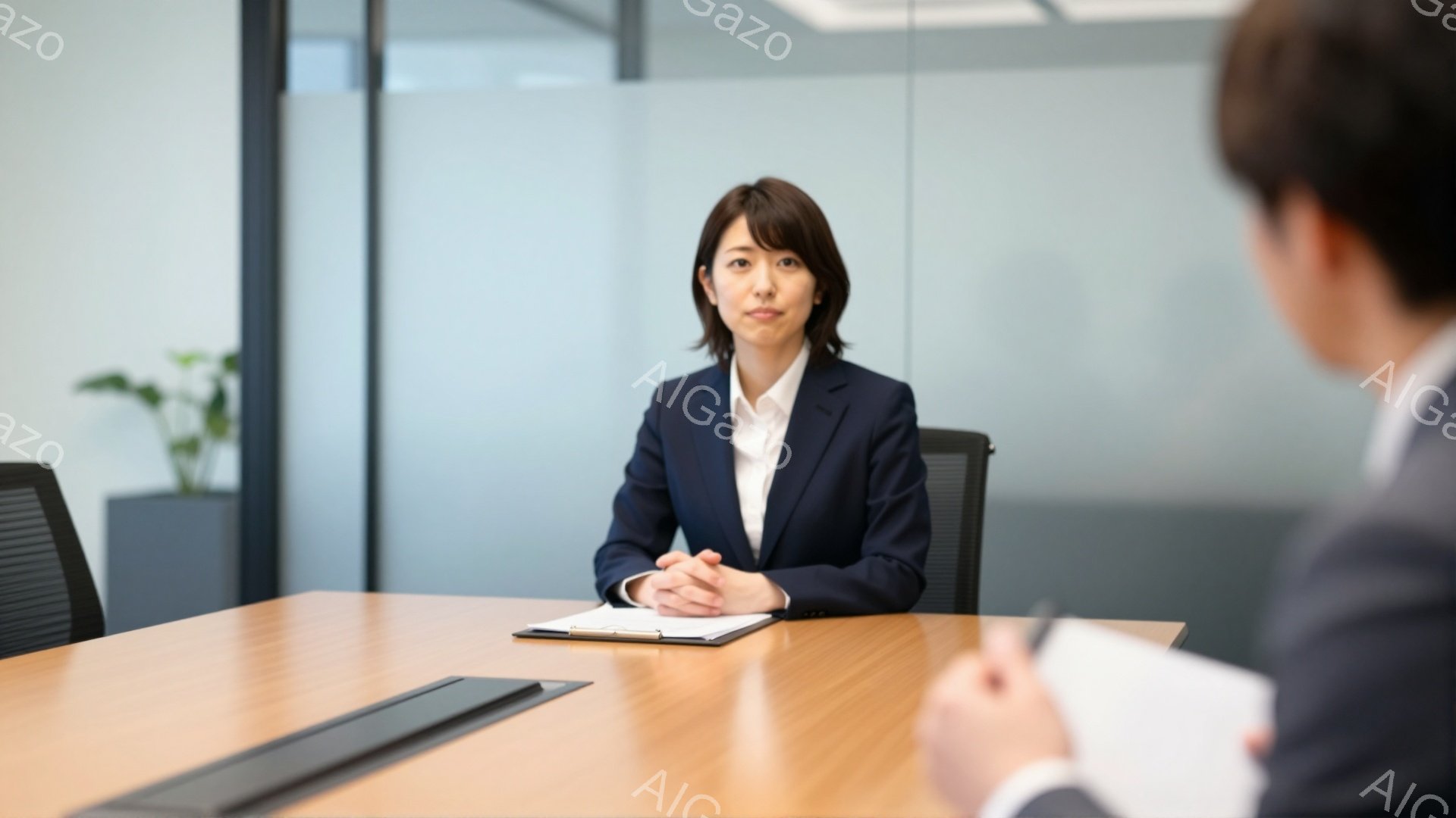 画像は、明るい会議室で面接を受けている女性を捉えています。彼女は紺色のスーツに白いシャツを着ており、髪は肩にかかる長さで落ち着いた表情をしています。テーブルにはメモ帳があり、彼女は両手を重ねて座り、面接官（男性）の方を向いています。