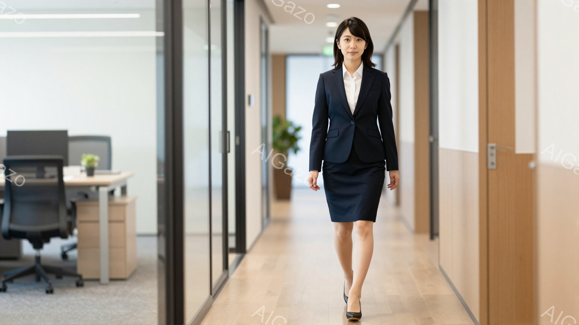 この女性は、紺色のスーツと白いブラウスを身につけ、オフィス内を歩いている。彼女は髪を後ろにまとめ、穏やかな表情で前方を向いている。背景には、木製の床と白を基調とした壁、そしてオフィス内のデスクと椅子が見え、全体的に清潔でプロフェッショナルな雰囲気が漂っている。