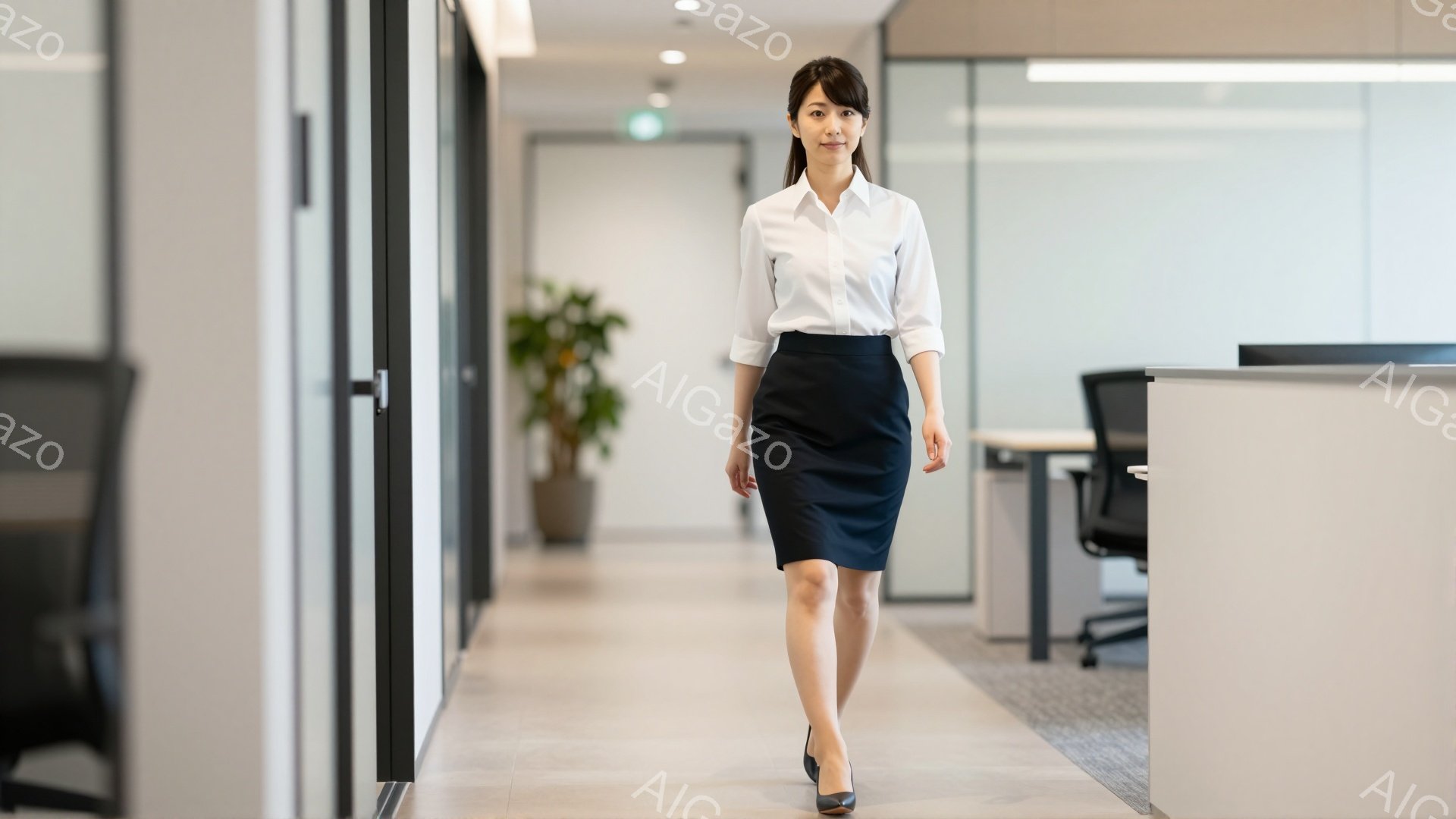 画像には、オフィス内を歩く女性が映っています。彼女は白いシャツと紺色の膝丈スカートを着用し、黒いハイヒールを履いています。髪は後ろでまとめられ、表情は落ち着いており、オフィス内を自信を持って歩いている様子がうかがえます。