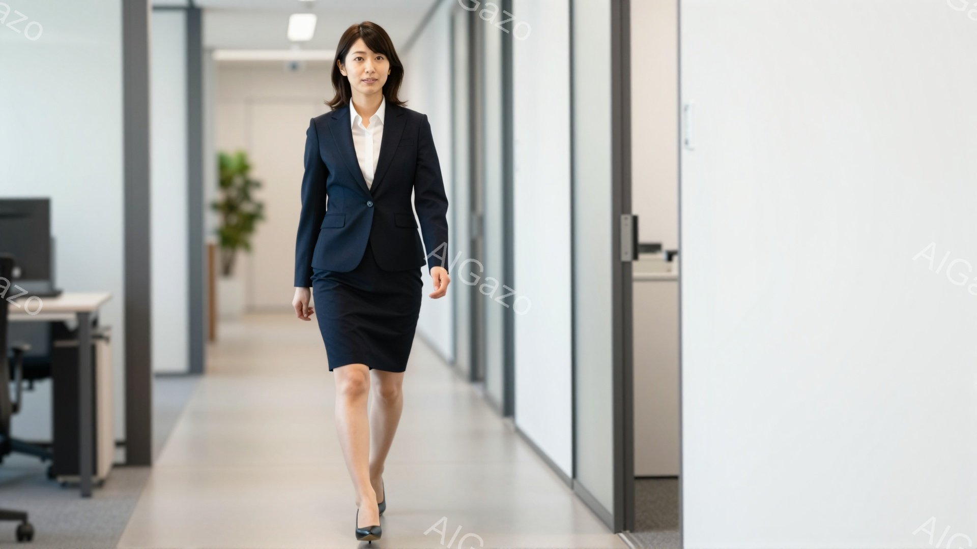 女性は紺色のスーツジャケットと膝丈のスカート、白いブラウスを着用し、黒いハイヒールを履いて廊下を歩いています。彼女はまっすぐ前を見て自信に満ちた表情で、姿勢良く歩いています。背景はオフィス内の廊下で、白い壁とスライドドアが並び、モダンで清潔な雰囲気が漂っています。