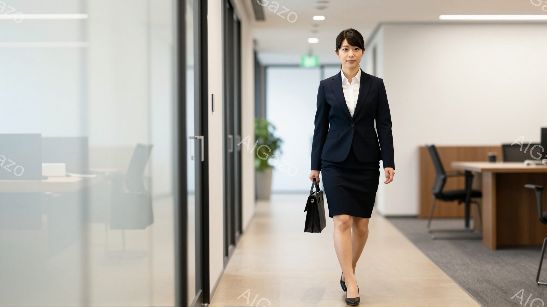 黒いスーツと膝丈のスカートを着用した女性が、オフィス内を歩いている。彼女は白いシャツを着ており、黒いハンドバッグを持っています。背景にはオフィス家具やガラス張りの壁が見え、全体的に清潔でプロフェッショナルな雰囲気が漂っています。