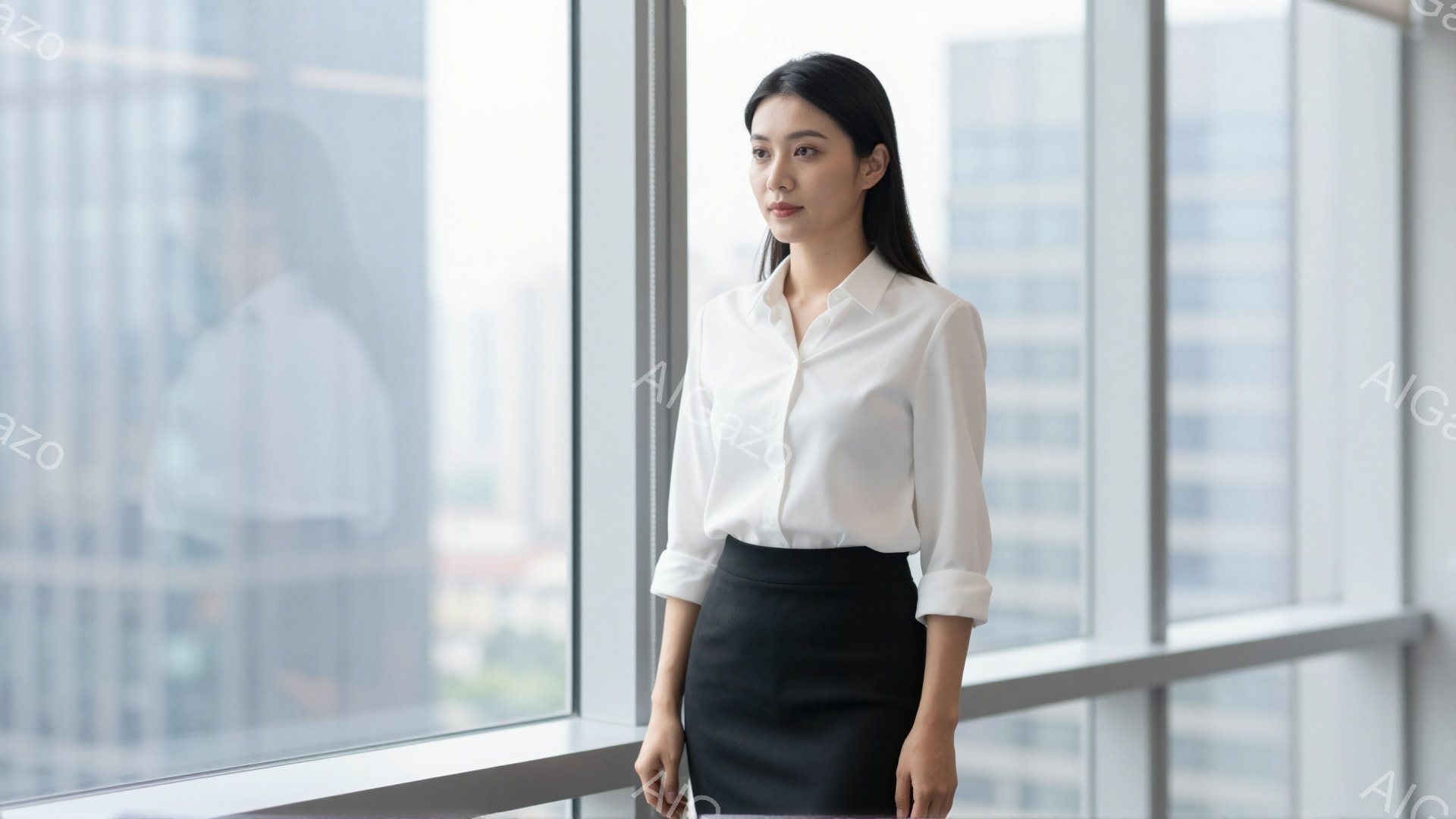 白いブラウスと黒のスカートを身に着けた女性が、大きな窓の前に立っている。彼女は少し横を向き、遠くを見つめており、表情は穏やかで思慮深い。背景には高層ビル群が広がっており、明るい日差しが差し込んでいるため、都会的で洗練された雰囲気が漂っている。