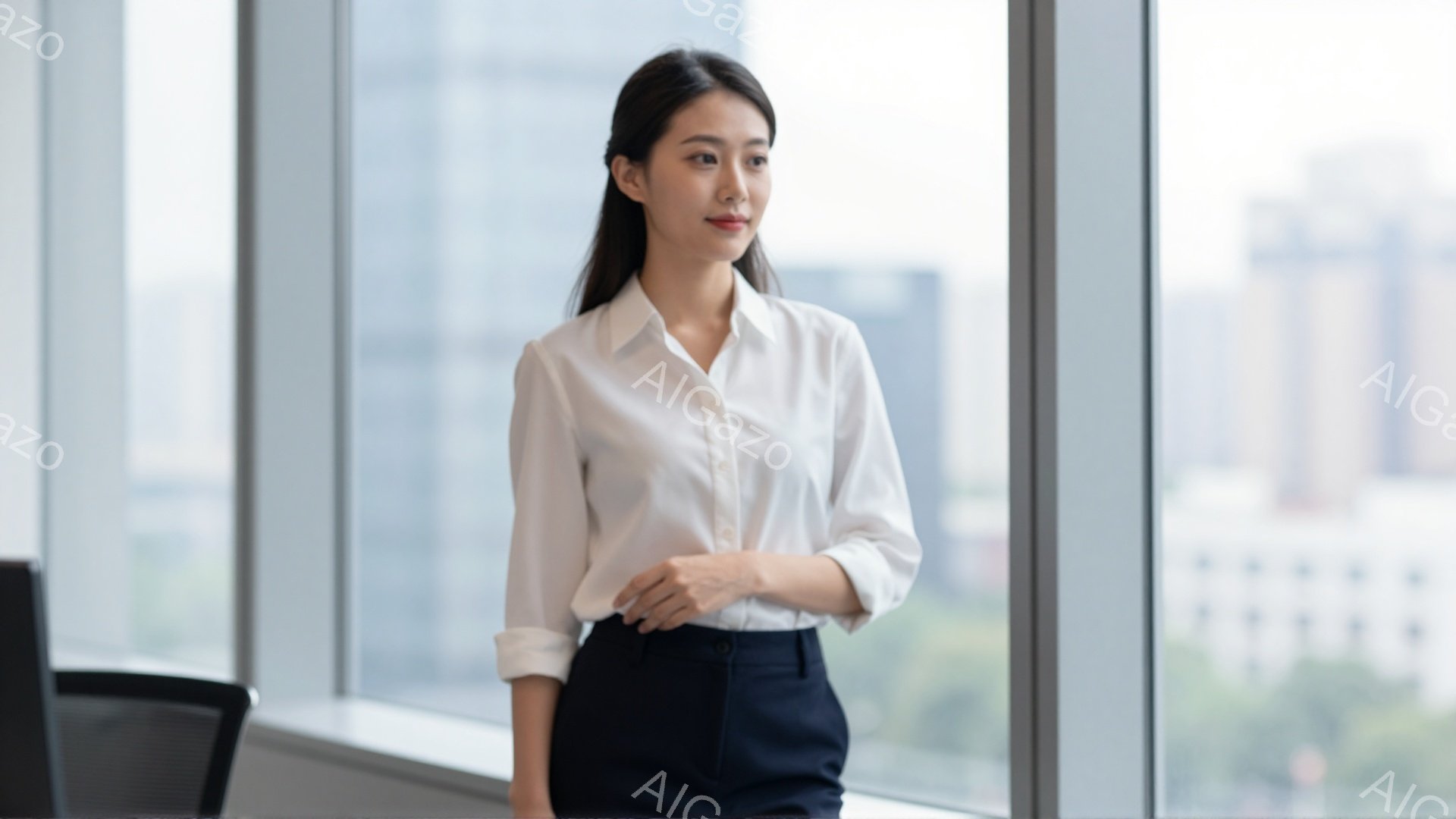 白いブラウスと濃い紺色のズボンを着用した女性が、窓辺に立って遠くを見つめている。彼女は髪を後ろでまとめ、落ち着いた表情で、やや考え込んでいる様子だ。背景には高層ビル群が広がり、晴れた日の穏やかな雰囲気を醸し出している。