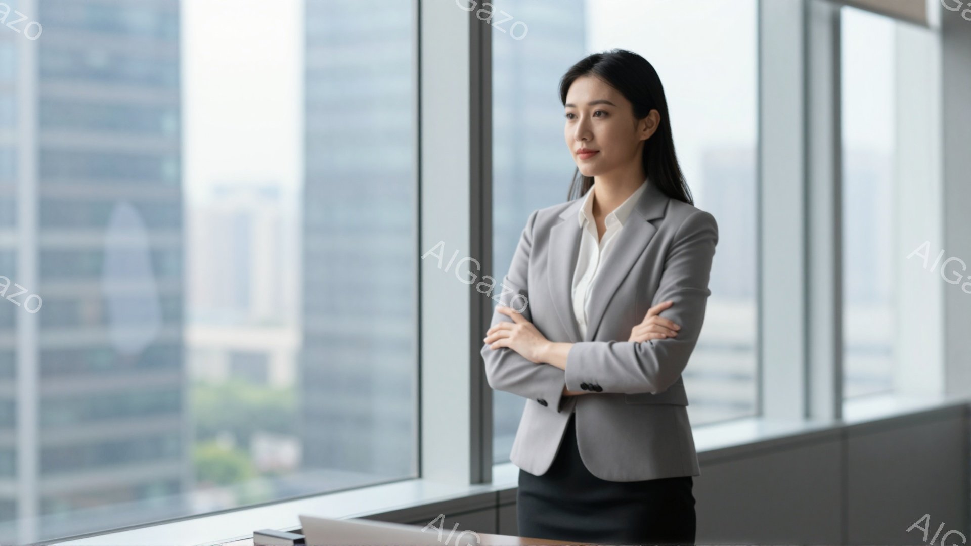 彼女はグレーのジャケットと黒のスカートのスーツを着ており、白いシャツを合わせている。髪は後ろでまとめており、顔は少し横を向いて自信に満ちた表情をしている。背景には高層ビル群が広がり、窓から差し込む光が室内を明るく照らしている。