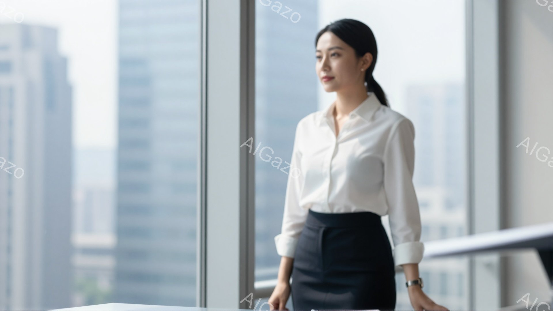 黒いスカートと白いシャツを着た女性が、高いビルの窓辺に立っている。彼女は少し横を向き、遠くを見つめており、表情は落ち着いていて知性的だ。背景には高層ビル群が広がり、光沢のある窓が反射していることから、晴れた日のオフィスらしき空間であることがわかる。