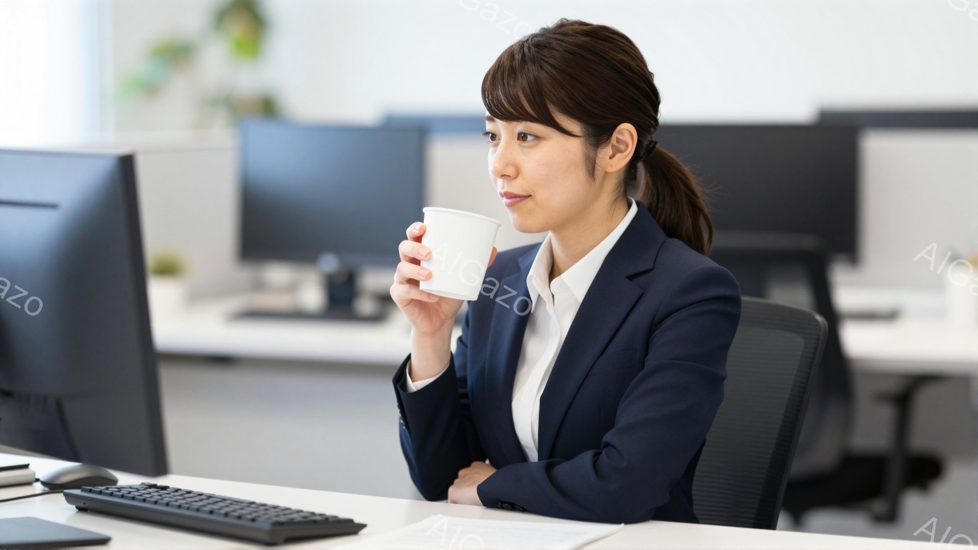 ビジネスウーマンがオフィスでコーヒーカップを手にしている。彼女は紺色のスーツに白いシャツを着ており、髪は後ろで一つに結んでいる。背景には他のオフィスワーカーやデスクが見え、全体的に落ち着いた雰囲気である。