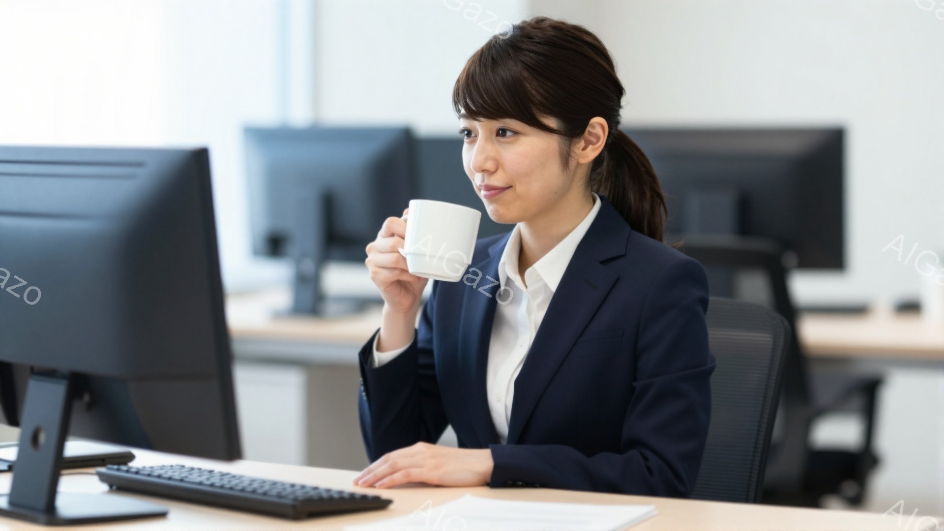 オフィスで働く若い女性が描かれています。彼女は紺色のスーツに白いシャツを着ており、髪は後ろで一つにまとめています。リラックスした表情でコーヒーカップを手に持ち、パソコンに向かっています。