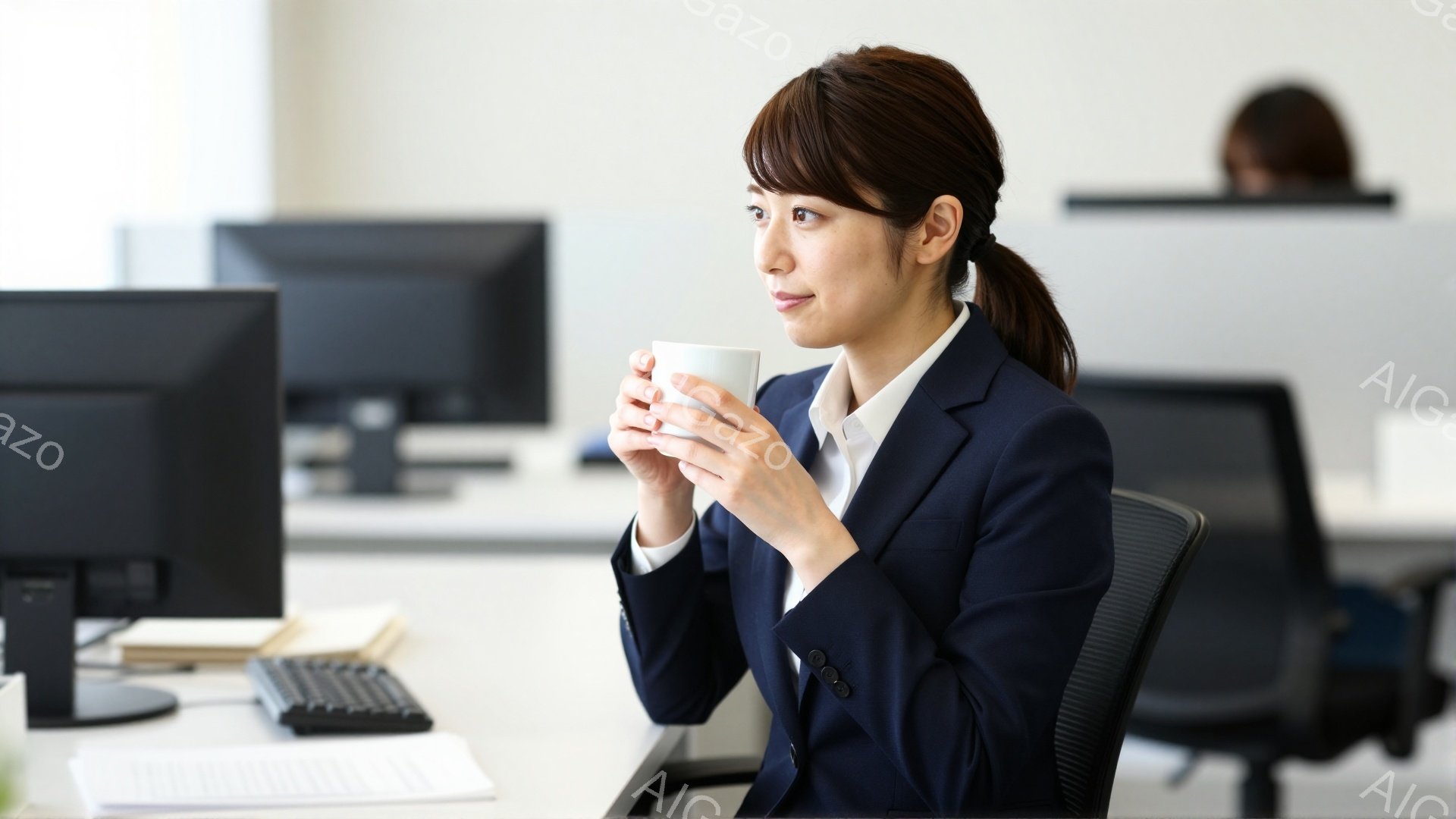 画像には、紺色のスーツを着た女性が写っており、髪は後ろで一つに結ばれている。彼女はオフィスチェアに座り、片手に白いマグカップを持ち、優雅に飲み物を飲んでいる。背景には、他のオフィスチェアとコンピュータモニターが見え、全体的に落ち着いた雰囲気のオフィス空間が描かれている。