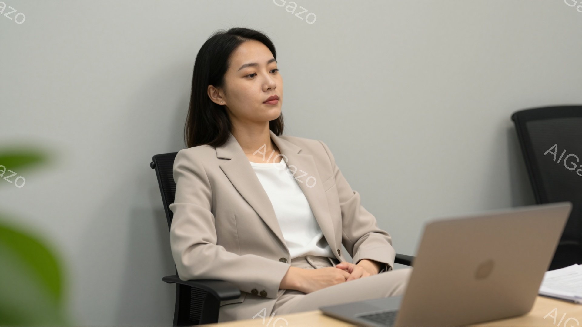 ベージュのスーツジャケットに白いインナーを着用した女性が、明るい色の木製デスクの前に座っています。彼女は少し考え込んでいるような表情で、ノートパソコンを見つめています。背景は白壁で、左手には緑の植物が - AI生成フリー素材