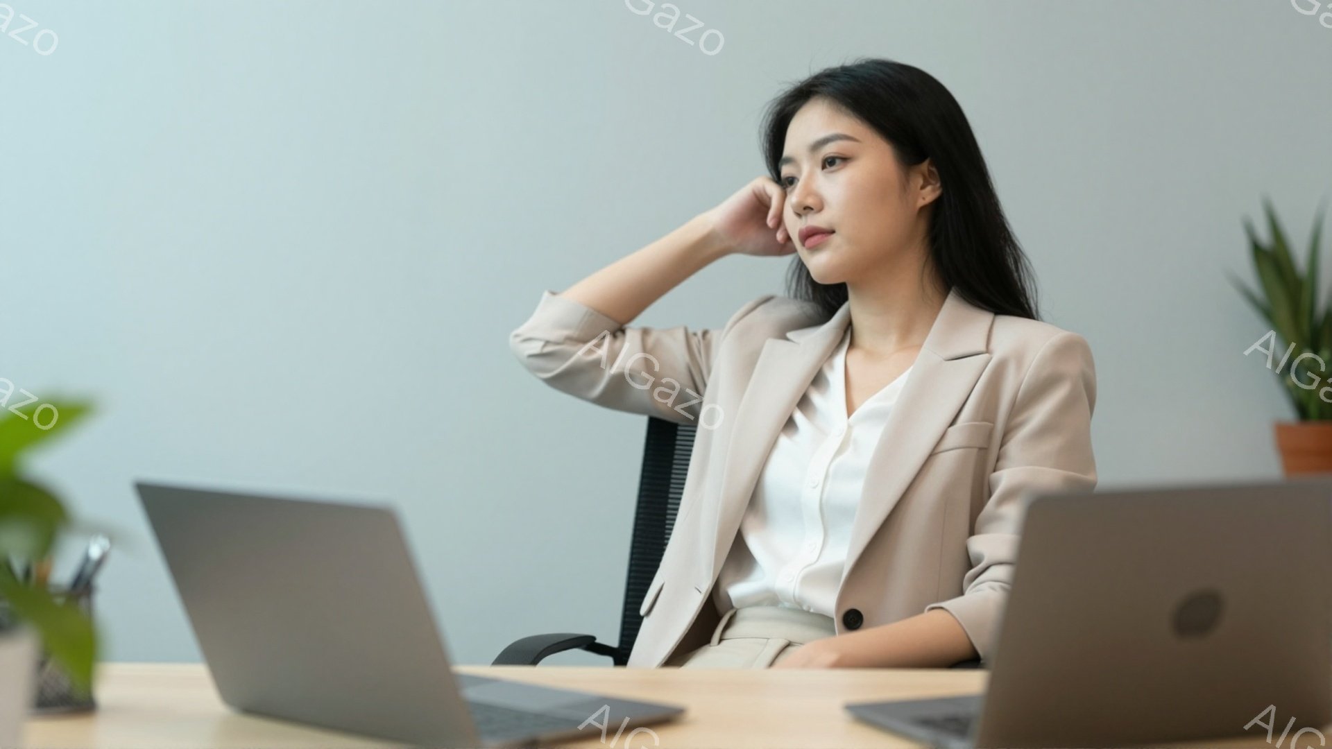 長い黒髪の女性が、ベージュのジャケットと白いブラウスを着て椅子に座っています。彼女は退屈そうな表情で、片手を額に当てて何かを考えているようです。背景には、2台のノートパソコンと緑の植物があり、明るい木製の机が全体的に清潔で落ち着いた雰囲気を作り出しています。