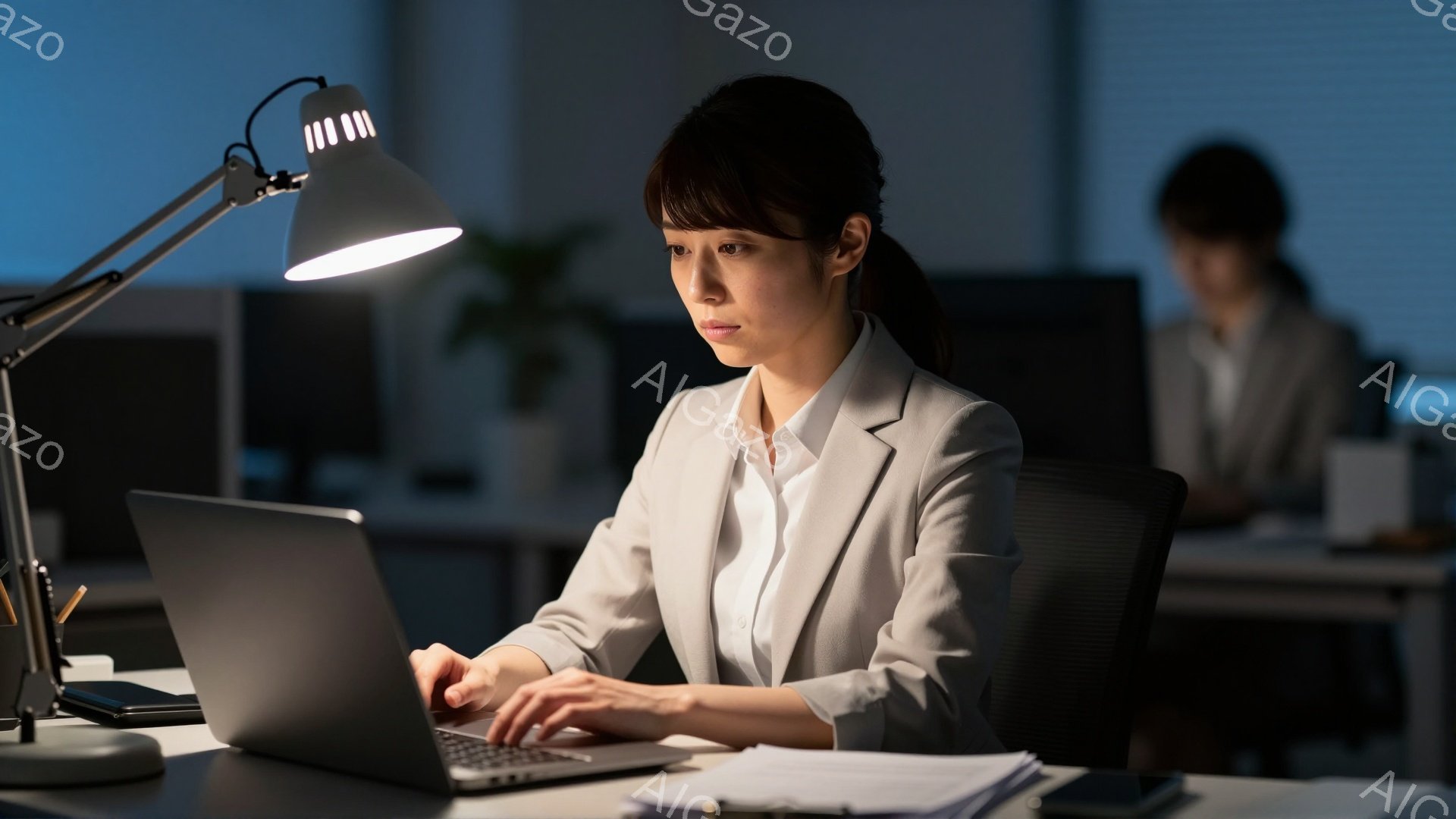 女性は、オフィスでノートパソコンに向かってタイピングしている。グレーのスーツに白いシャツを着ており、髪は後ろで一つにまとめられている。彼女の表情は真剣で、集中して仕事に取り組んでいる様子が窺える。 - AI生成フリー素材