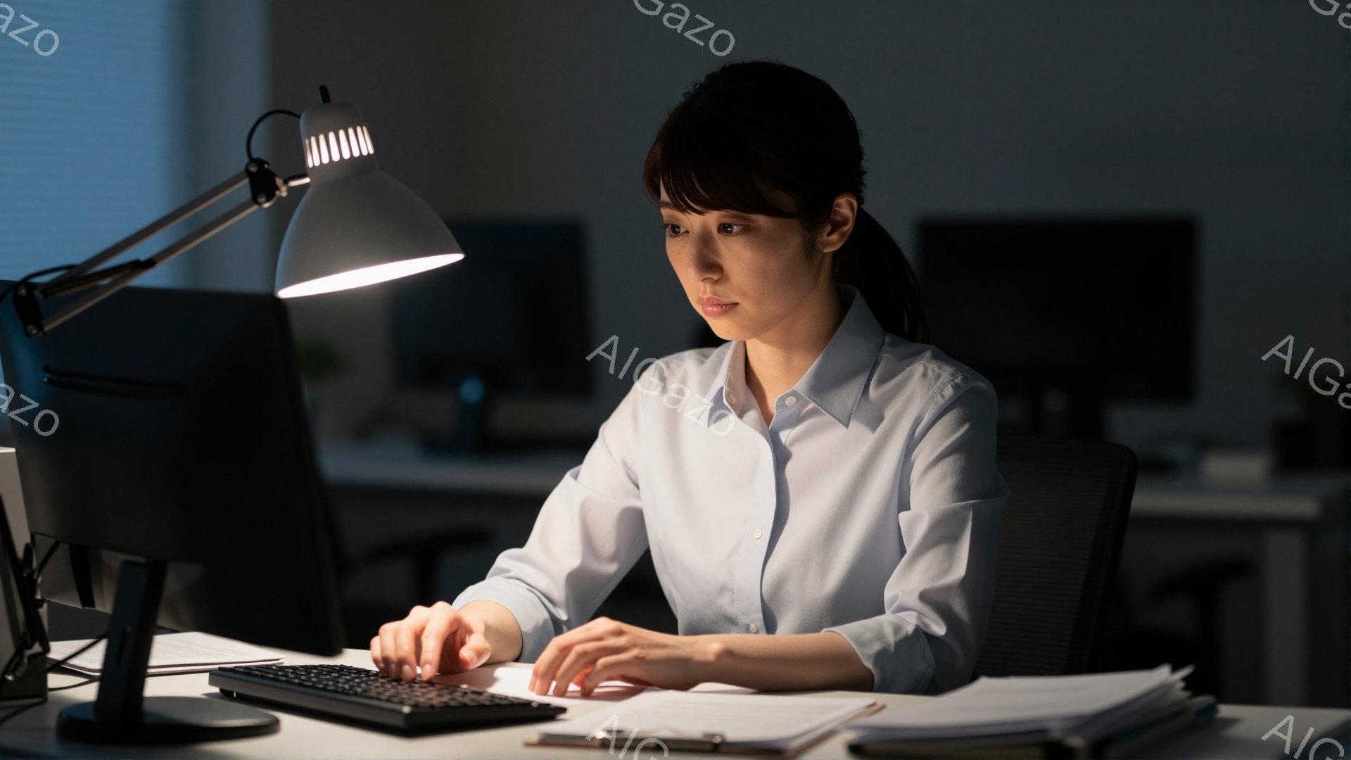 一人の女性がデスクでパソコンに向かっている。白いシャツを着ており、髪は後ろで一つに結んでいる。彼女は集中した表情でキーボードを操作しており、机の上には書類が散らばっている。 - AI生成フリー素材