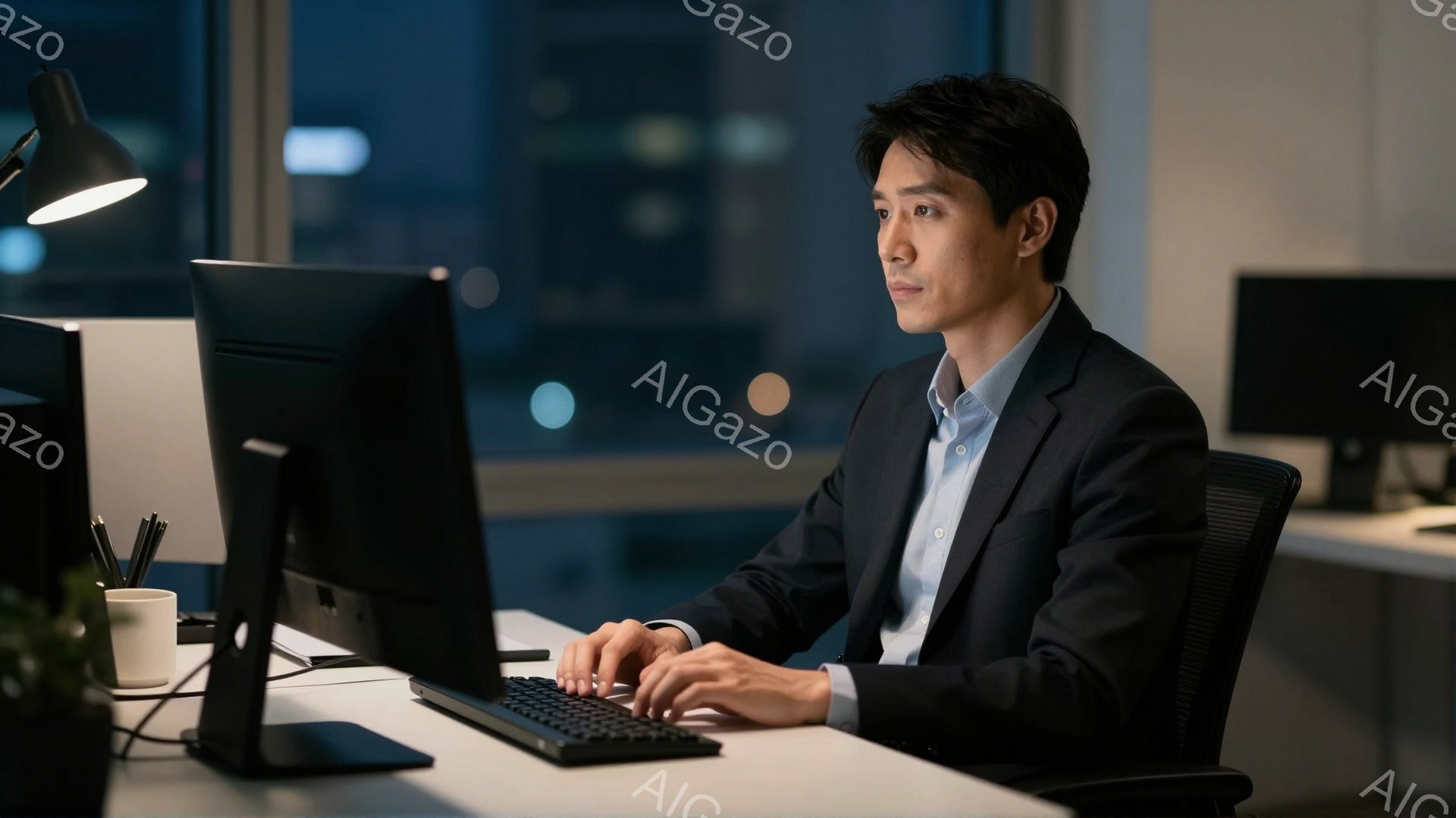 一人の男性がオフィスでパソコンに向かって仕事をしている様子が写っている。彼は紺色のスーツに薄い青色のシャツを着ており、黒髪を短く整えている。表情は真剣で、集中してキーボードを叩いている様子から、仕事に没頭していることが伺える。