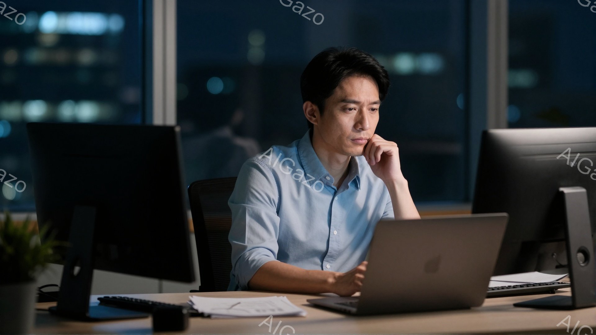 仕事着の青いシャツを着た男性が、オフィスでノートパソコンを見つめています。彼は顎に手を当て、考え込んでいるような表情をしており、疲労感が見られます。背景には夜景が広がり、室内は薄暗く、集中して仕事をしている様子が伝わってきます。