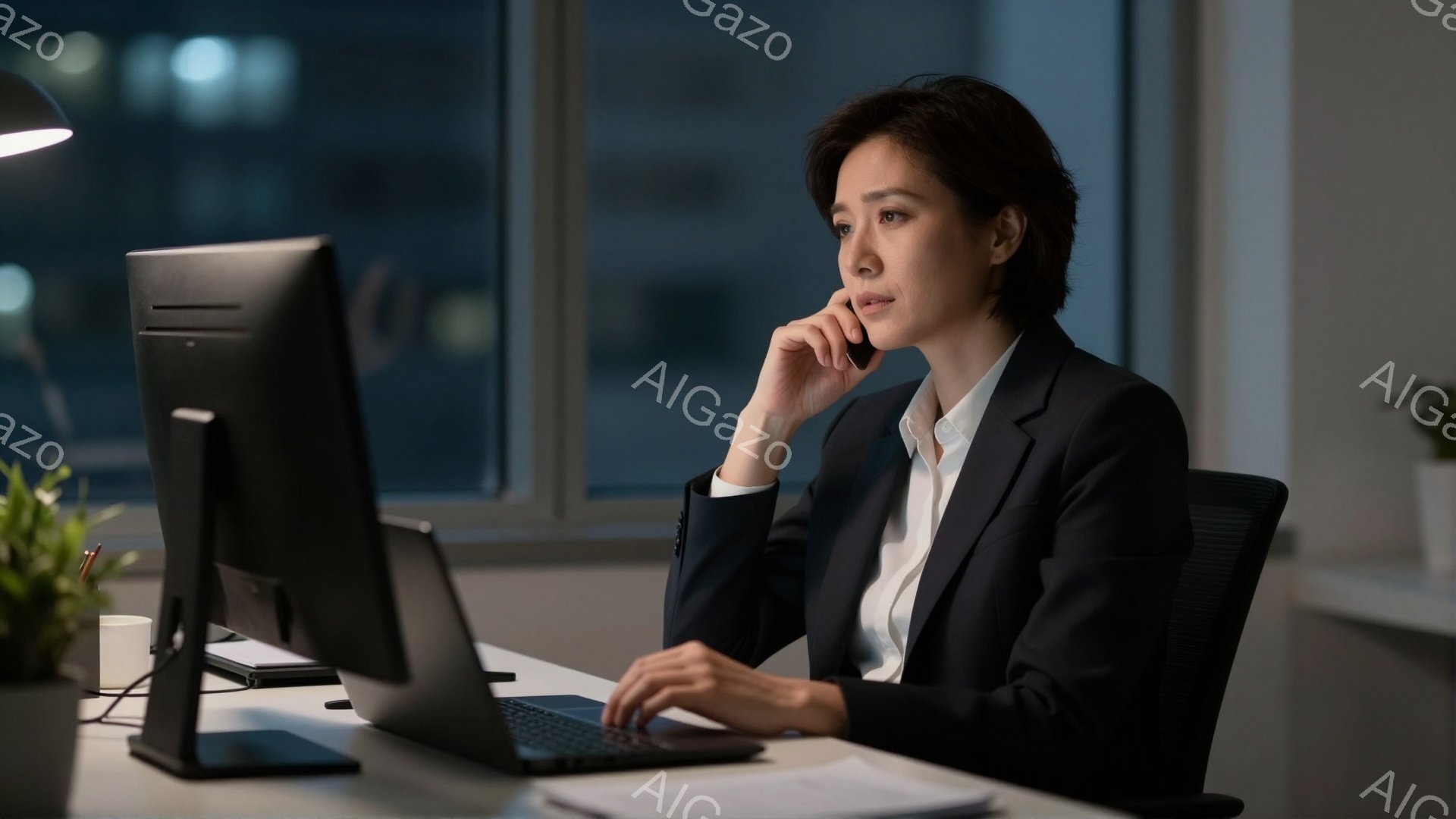 スーツ姿の女性がパソコンに向かって仕事をしている。彼女は黒いジャケットと白いシャツを着ており、少し考え込んでいるような表情で、片手を顎に当てている。背景には夜景が見え、オフィスの一室で夜遅くまで働く様子がうかがえる。