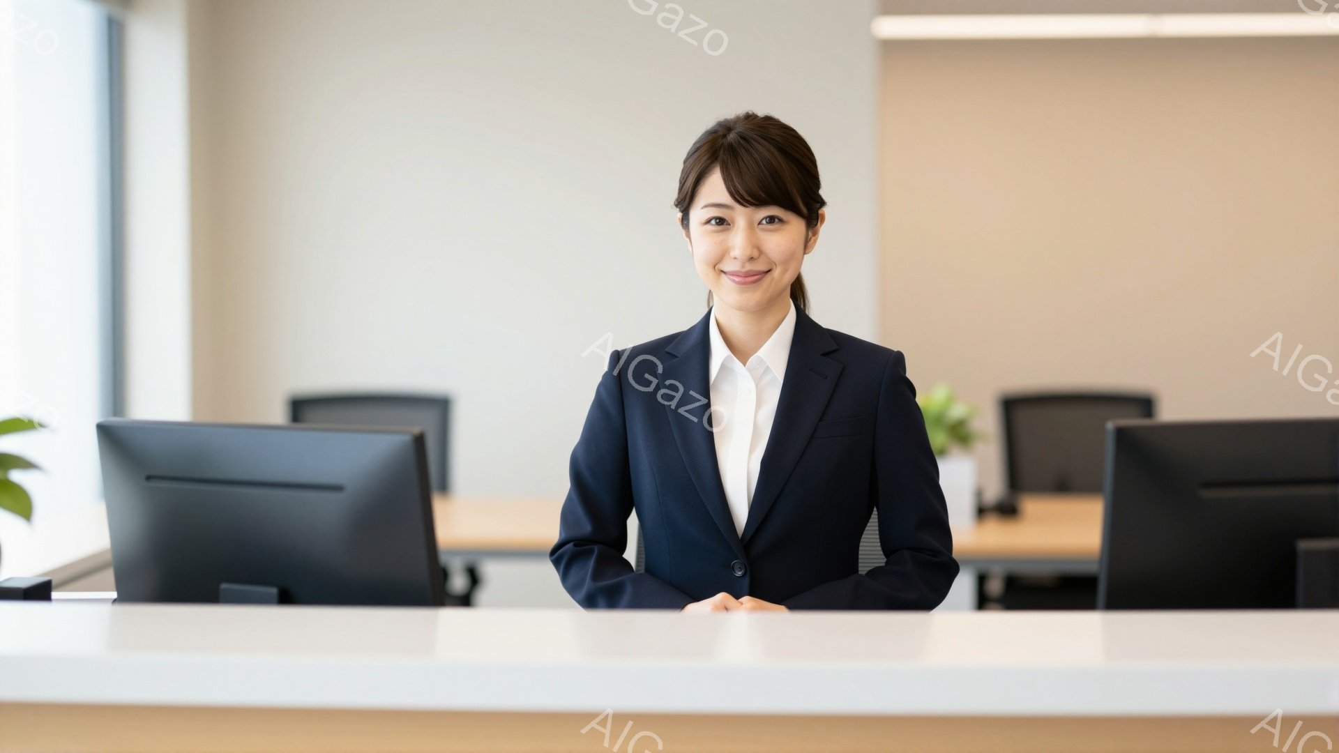 紺色のスーツに白いシャツを着た女性が、明るいオフィスでカウンター越しに微笑んでいます。彼女は髪を後ろにまとめているので、顔がはっきり見え、プロフェッショナルな印象を与えます。背景にはパソコンが並び、清 - AI生成フリー素材