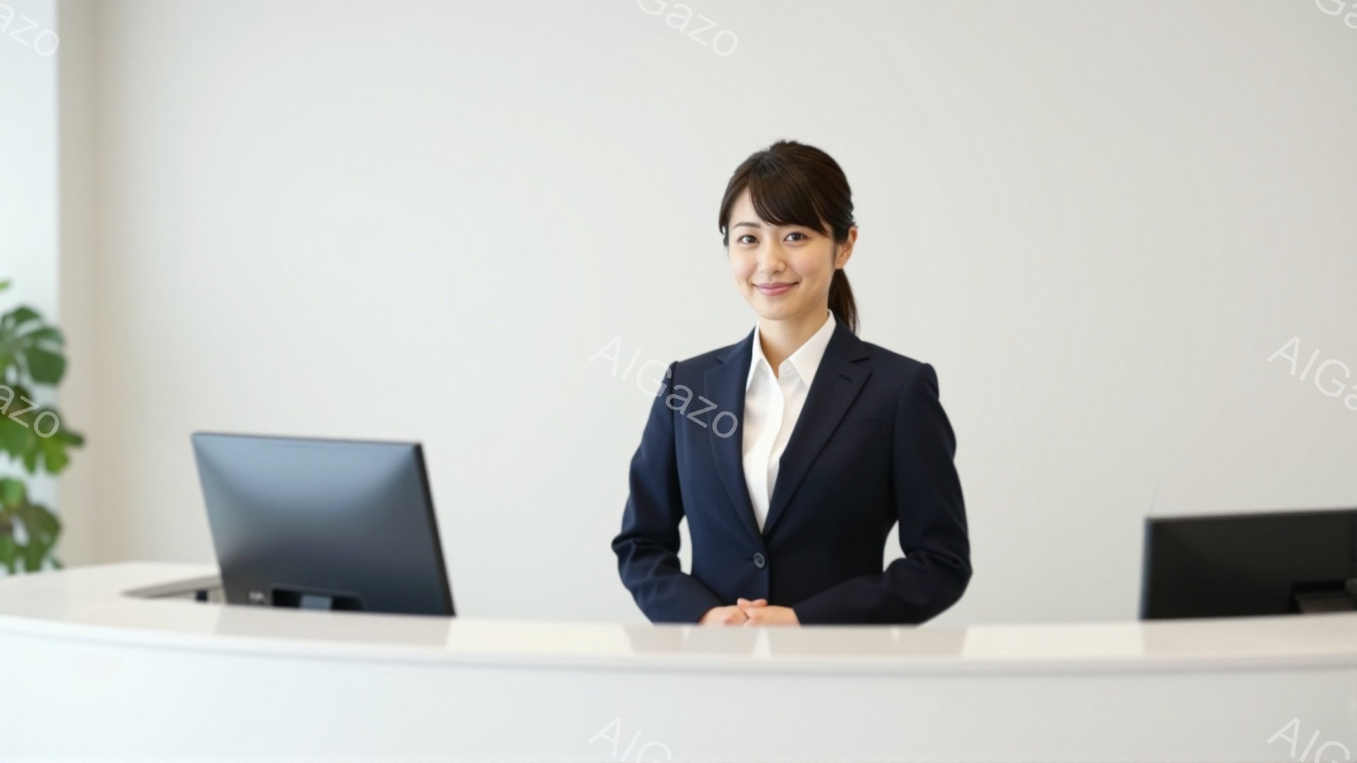 明るい表情の女性が受付カウンターに立っている。黒いスーツに白いブラウスを着用し、髪は後ろでまとめており、プロフェッショナルな印象を与える。背景は白を基調とした清潔感のある空間で、左側には緑の植物が見える。