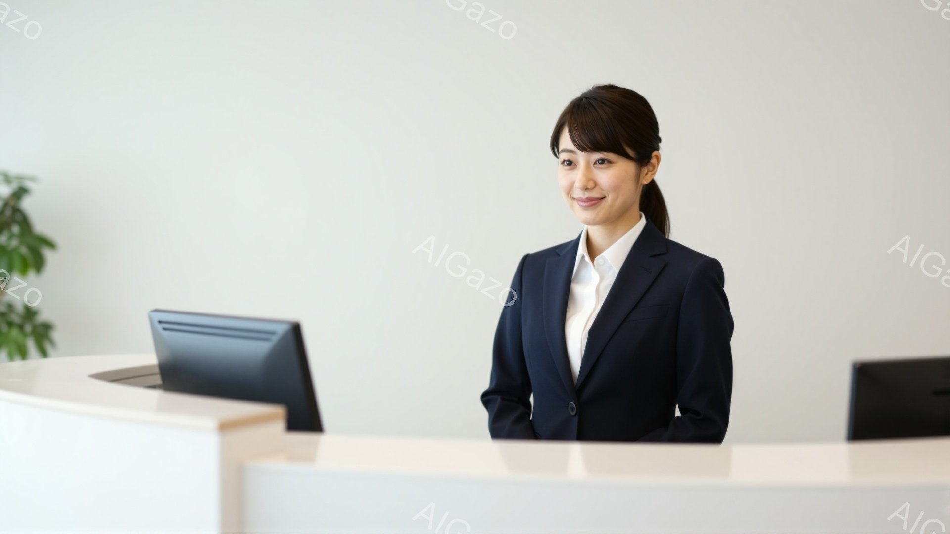 制服を着た女性が受付カウンターに立っています。彼女は黒いジャケットと白いシャツを着ており、髪は後ろでまとめています。明るい笑顔で、親切な印象を与えています。