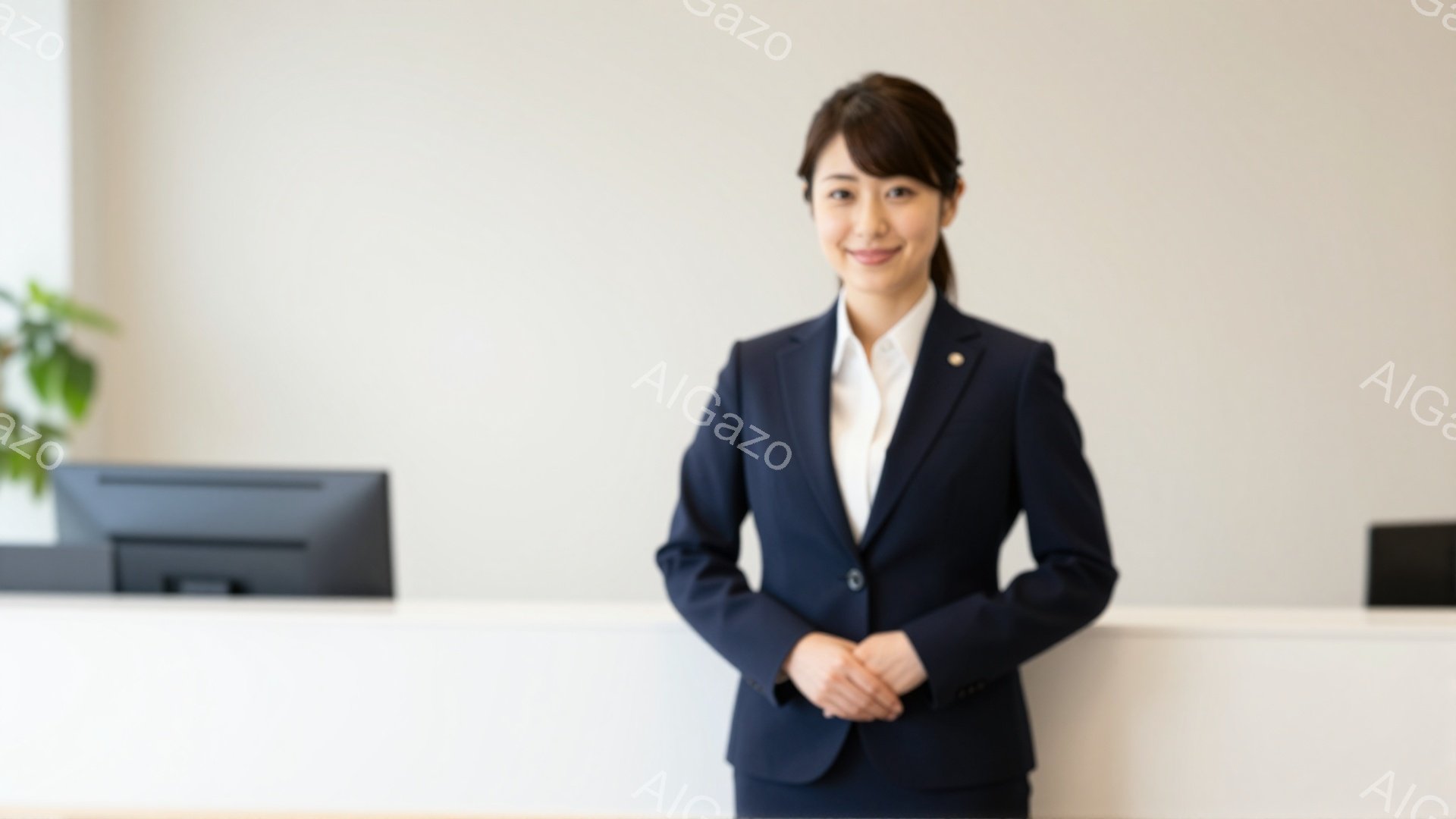 黒いスーツに白いシャツを着た女性が、明るい背景の受付の前に立っている。彼女は微笑んでおり、両手を前に組んで落ち着いた姿勢をとっている。背景には、パソコンが置かれた白い受付カウンターと、左側にわずかに緑の植物が見える。