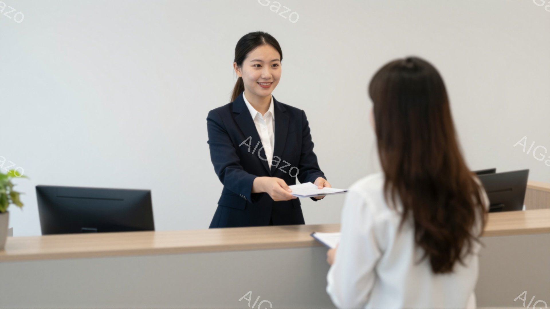 レセプションカウンターで、黒いスーツと白いシャツを着た女性が書類を相手に手渡している。彼女は微笑んでおり、丁寧な態度で接客している様子がうかがえる。背景は白を基調とした清潔感のある空間で、カウンターの上にはパソコンが置かれている。