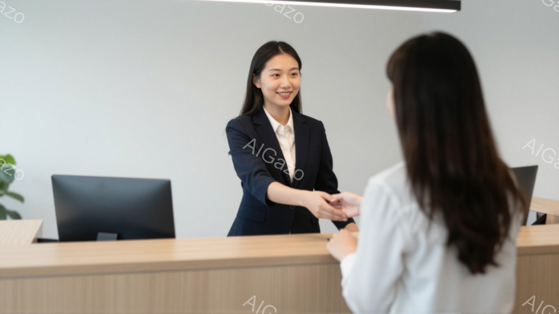 画像には、受付カウンターで握手をする女性二人が写っています。カウンターの奥の女性は、紺色のスーツに白いシャツを着て、微笑んでいます。手前にいる女性は白いシャツを着ており、姿勢は丁寧で、ビジネスライクな雰囲気が漂っています。