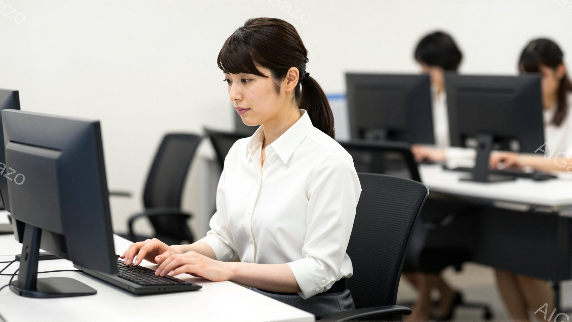 白いシャツを着た女性がパソコンに向かってキーボードを操作している。彼女は髪を後ろで一つにまとめ、集中した表情で作業に取り組んでいる。背景には他のパソコンと椅子が並び、オフィスや研修室のような明るい室内であることがわかる。