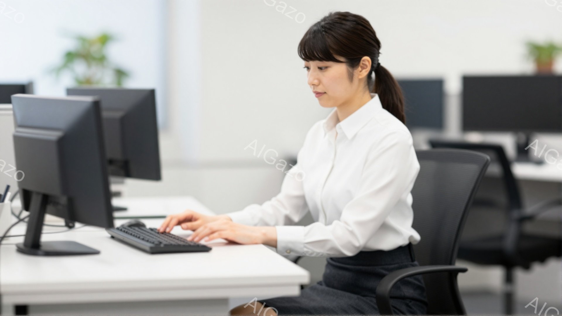 女性は白いシャツと黒いスカートを着用し、オフィスでコンピューターのキーボードを操作しています。彼女は髪を後ろでまとめており、真剣な表情で画面を見つめています。背景には他のコンピューターと植物が見え、明るく清潔なオフィス環境であることがわかります。