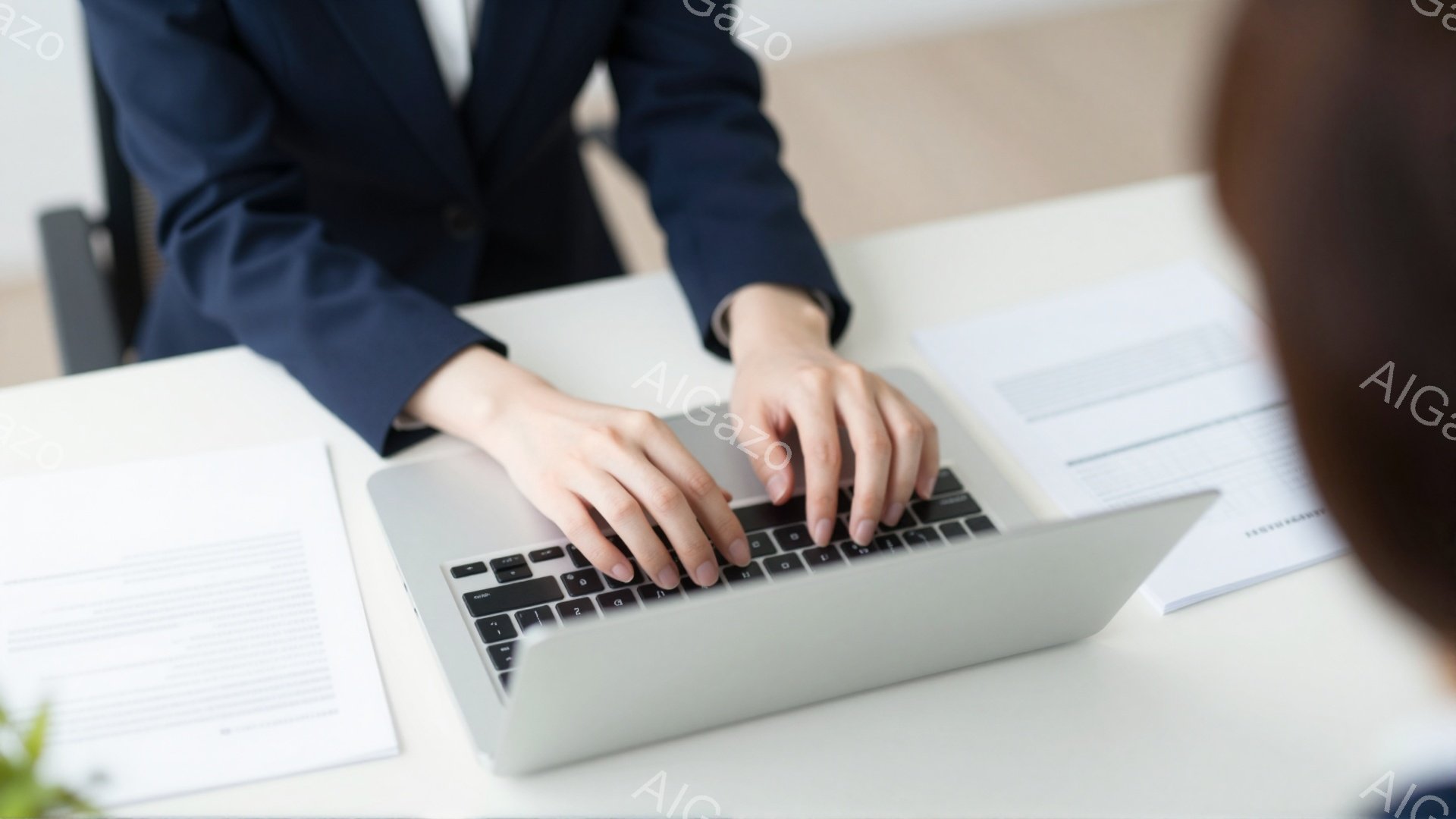 黒いスーツのジャケットを着た人物が、明るい色の木製テーブルの上でノートパソコンを操作している様子が捉えられています。指はキーボードの上で素早く動き、集中して作業に取り組んでいる印象を与えます。テーブルの上には書類が数枚置かれており、ビジネスシーンやオフィスでの仕事風景を示唆しています。