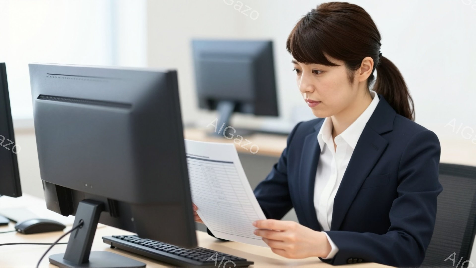 紺色のスーツに白いシャツを着た女性が、パソコンの前に座って書類を見ている。彼女は髪を後ろで一つにまとめ、真剣な表情で書類を手に持っている。背景には他のパソコンやオフィス環境が見え、全体的に落ち着いた雰囲気である。
