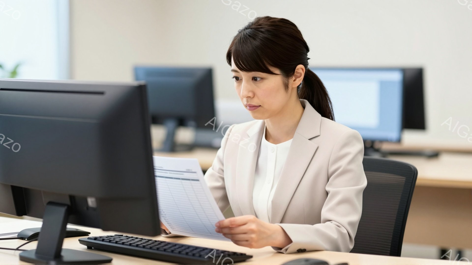 ベージュ色のスーツに身を包んだ女性が、オフィスで書類を見ながらパソコンに向かっています。彼女は髪を後ろでまとめ、真剣な表情で何かを調べているようです。背景には他のパソコンが見え、オフィス内は明るく清潔な印象を与えます。